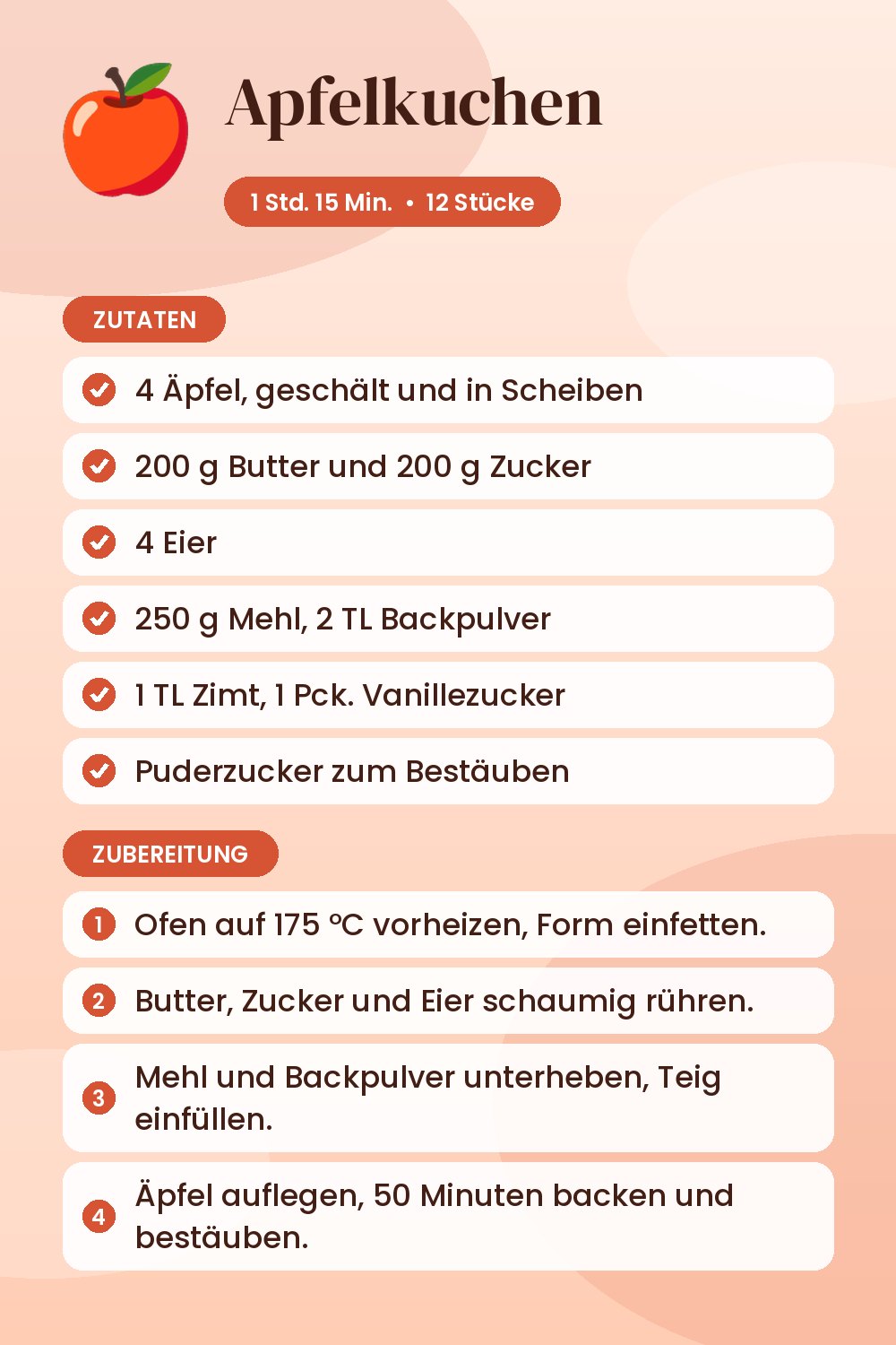 Apfelkuchen: Rezeptkarte mit Zutaten und Zubereitung