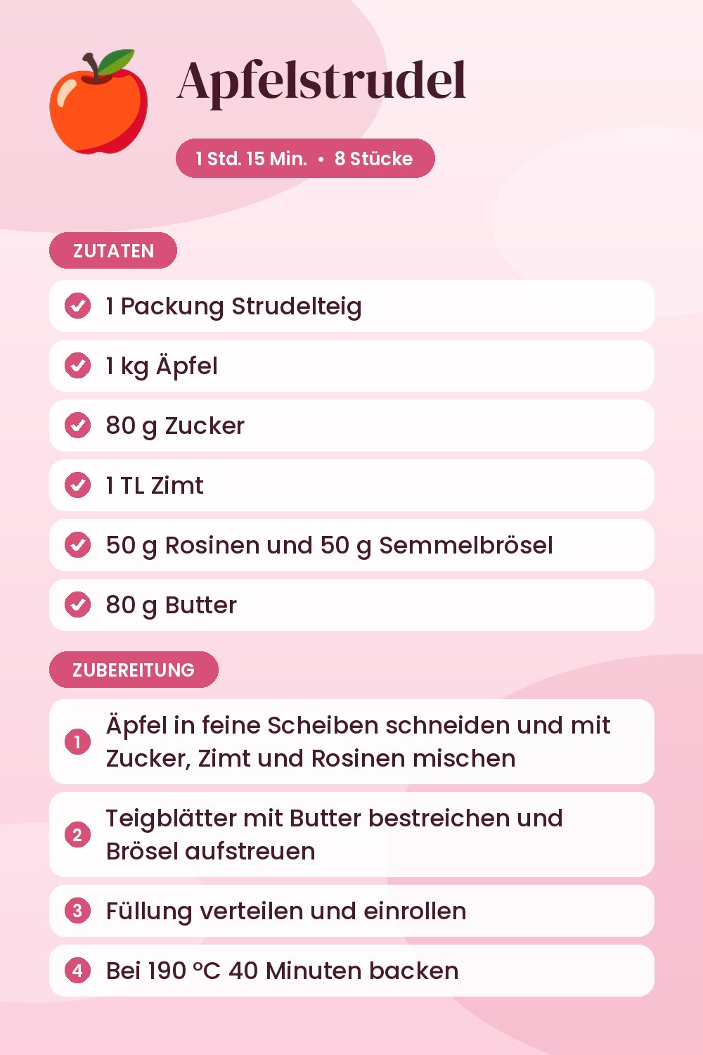 Apfelstrudel: Rezeptkarte mit Zutaten und Zubereitung