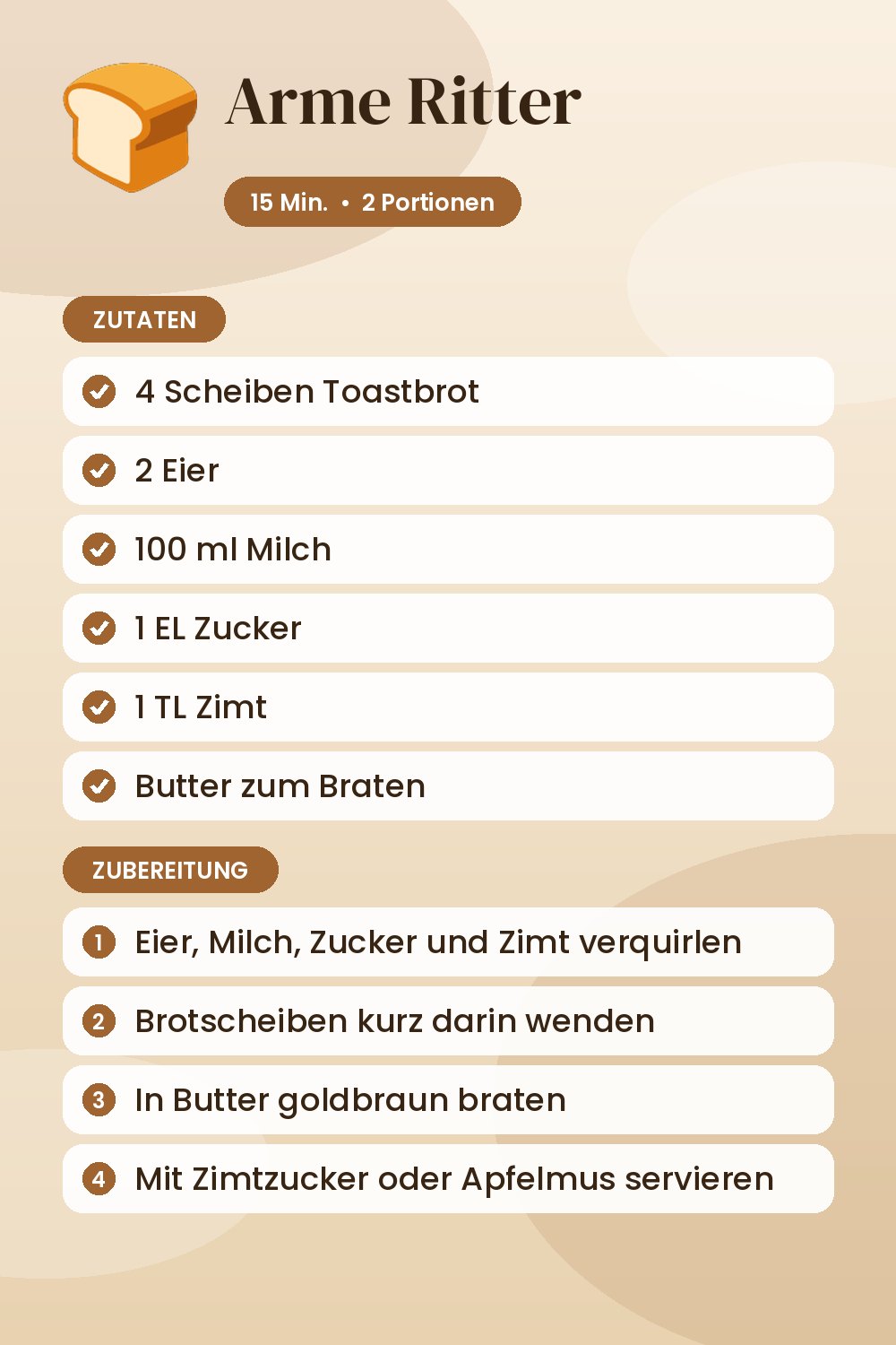Arme Ritter: Rezeptkarte mit Zutaten und Zubereitung