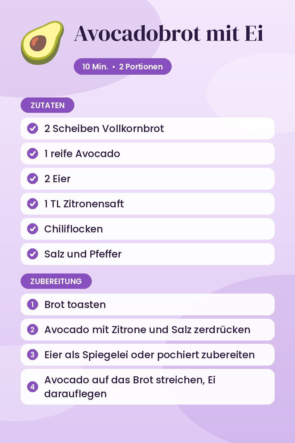 Avocadobrot mit Ei: Rezeptkarte mit Zutaten und Zubereitung