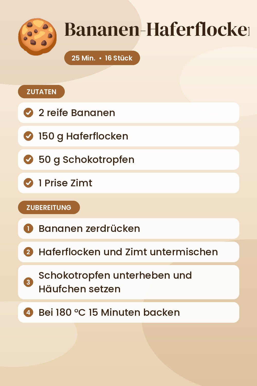 Bananen-Haferflocken-Kekse: Rezeptkarte mit Zutaten und Zubereitung