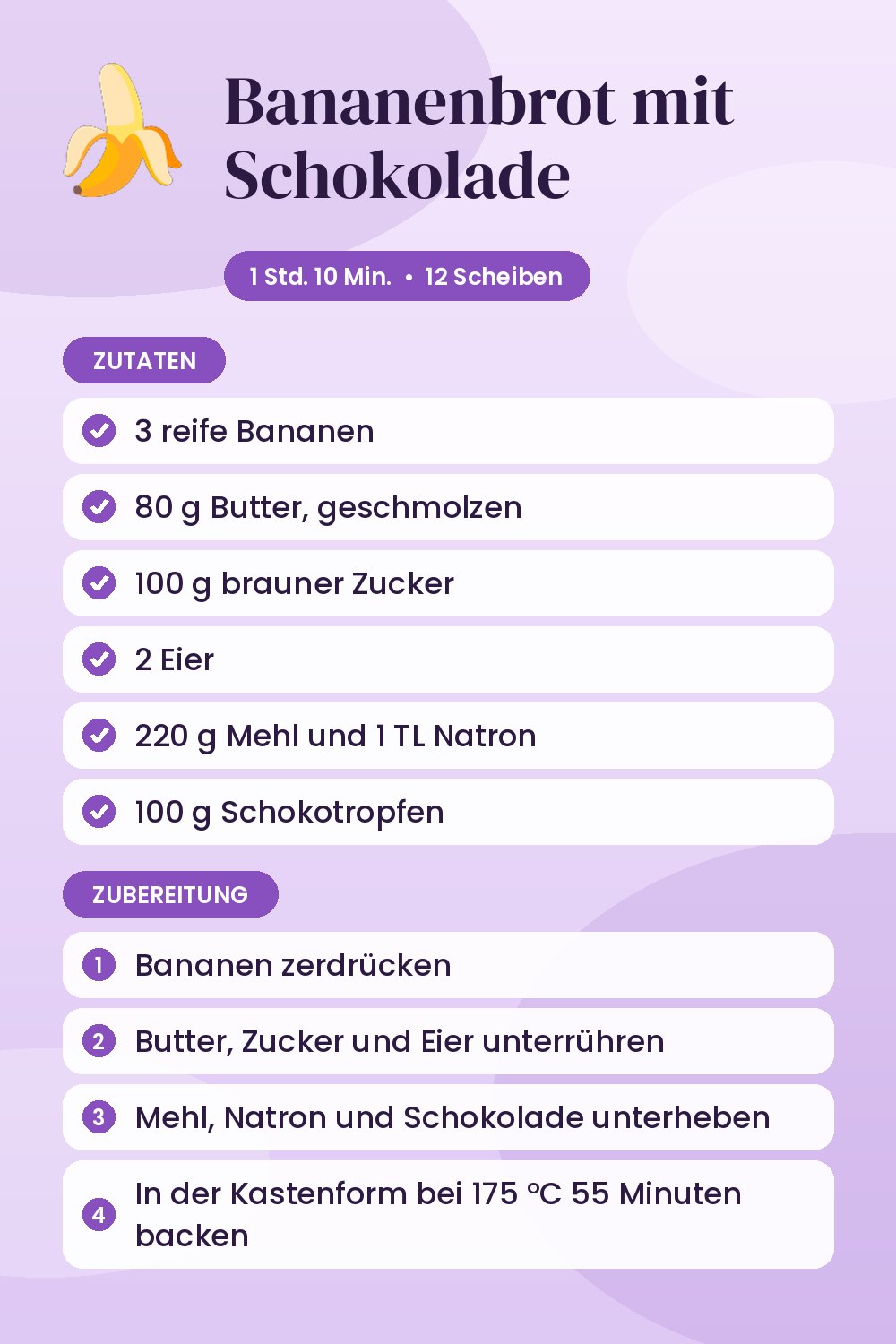 Bananenbrot mit Schokolade: Rezeptkarte mit Zutaten und Zubereitung