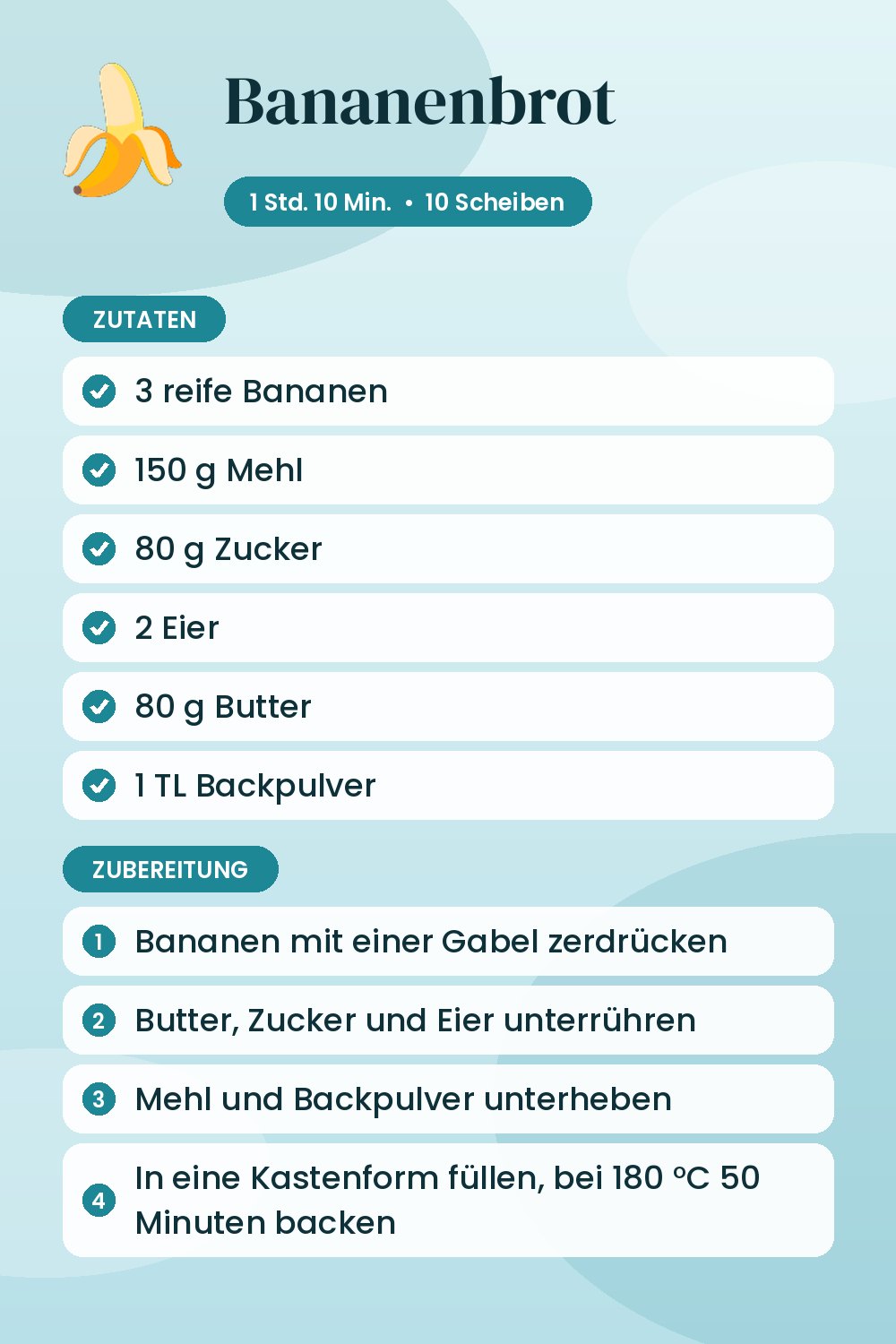 Bananenbrot: Rezeptkarte mit Zutaten und Zubereitung