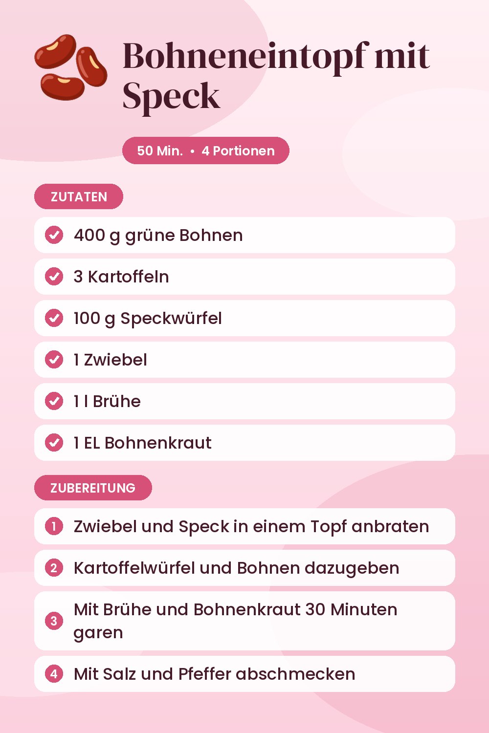 Bohneneintopf mit Speck: Rezeptkarte mit Zutaten und Zubereitung