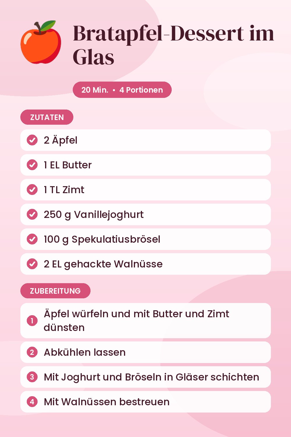 Bratapfel-Dessert im Glas: Rezeptkarte mit Zutaten und Zubereitung