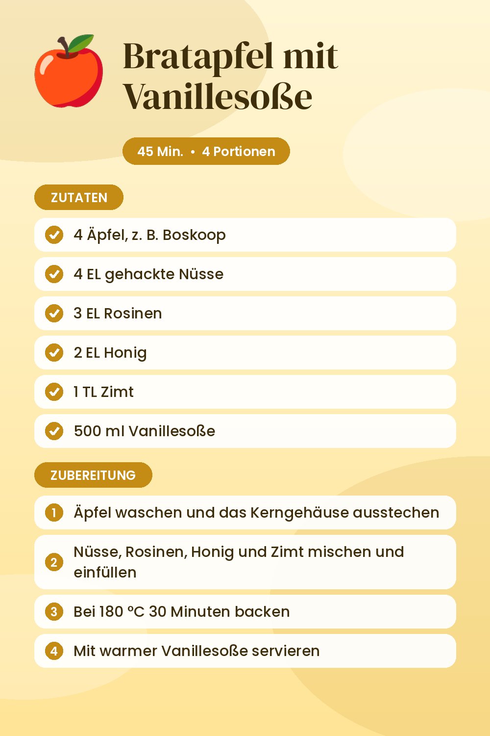 Bratapfel mit Vanillesoße: Rezeptkarte mit Zutaten und Zubereitung