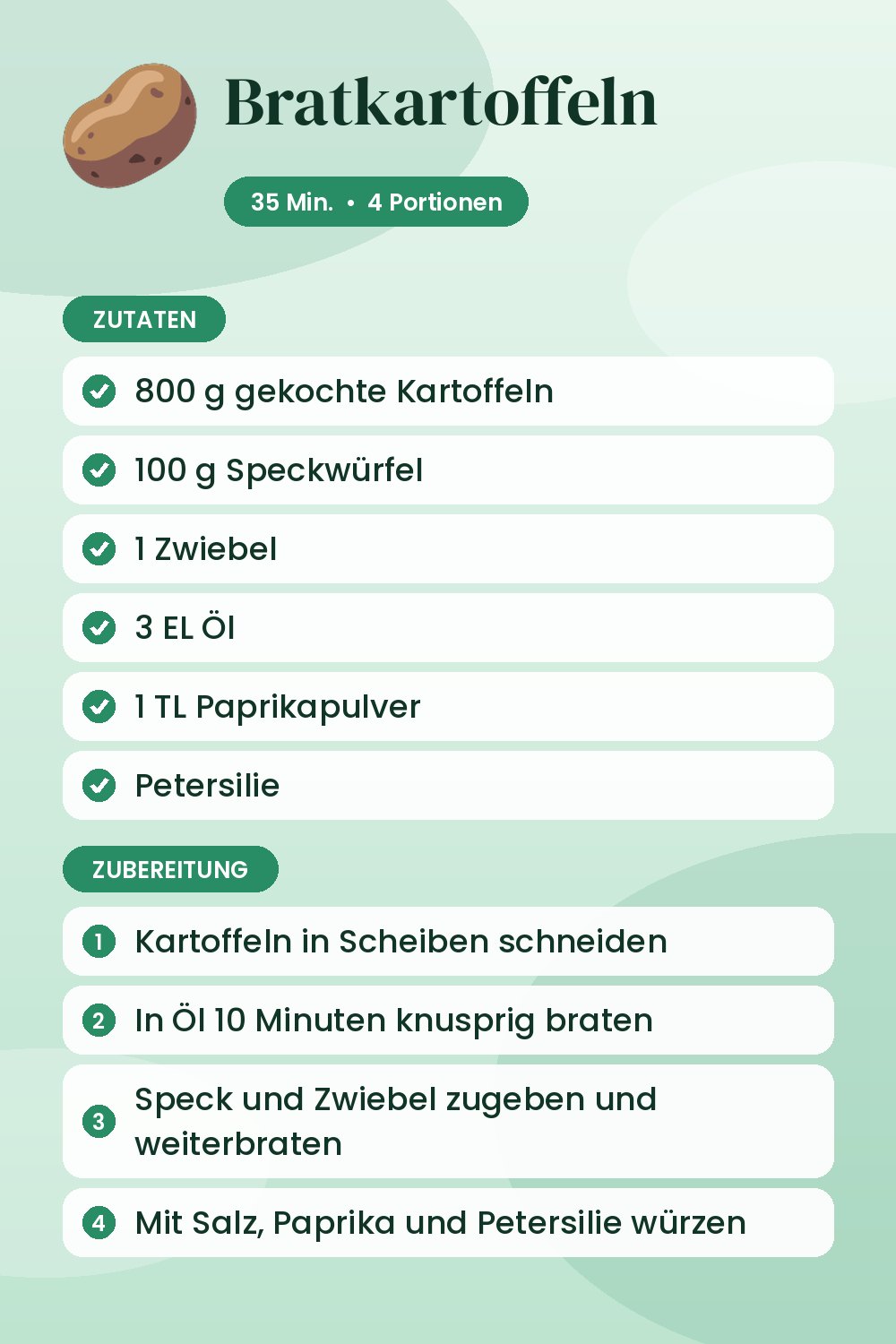 Bratkartoffeln: Rezeptkarte mit Zutaten und Zubereitung