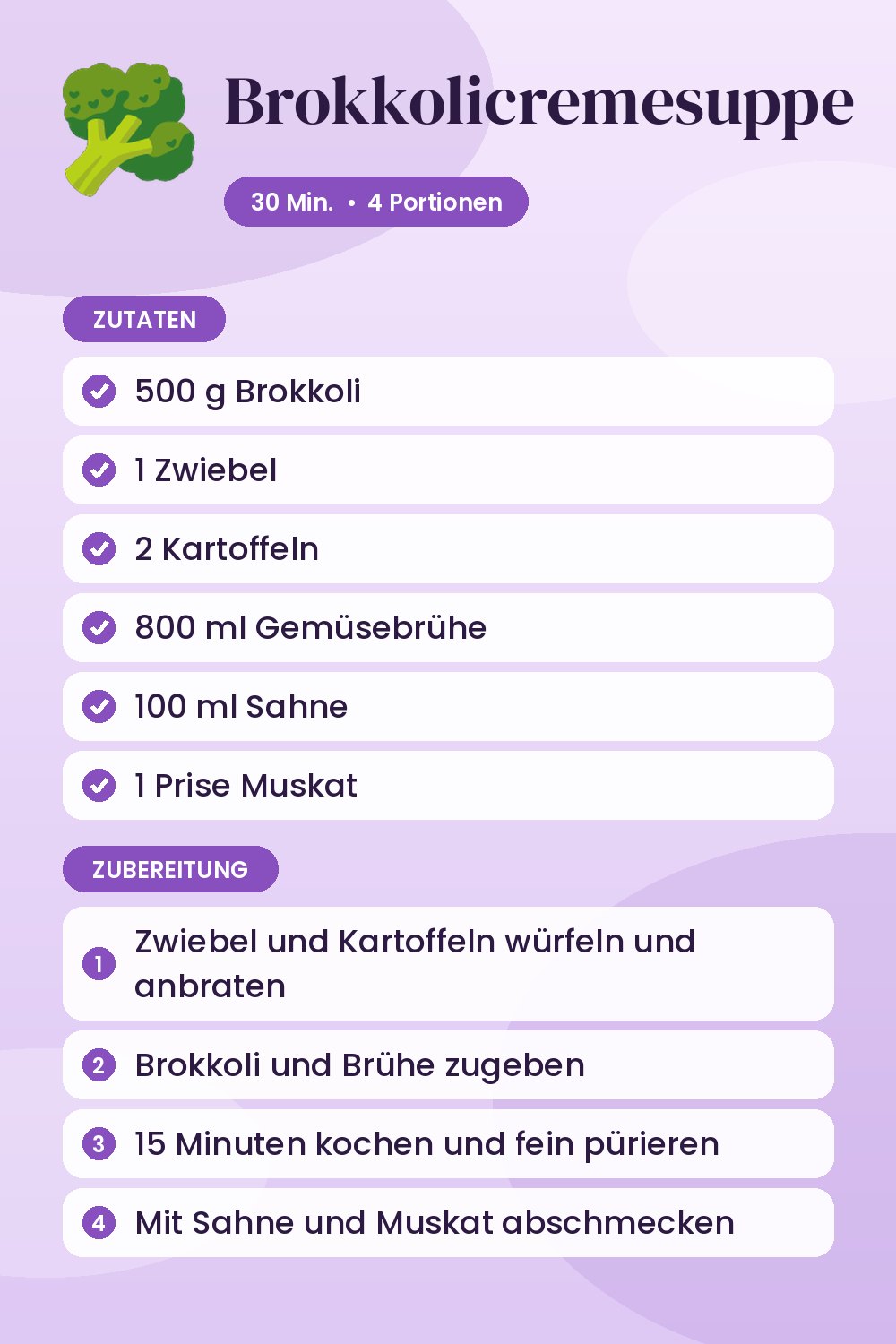 Brokkolicremesuppe: Rezeptkarte mit Zutaten und Zubereitung