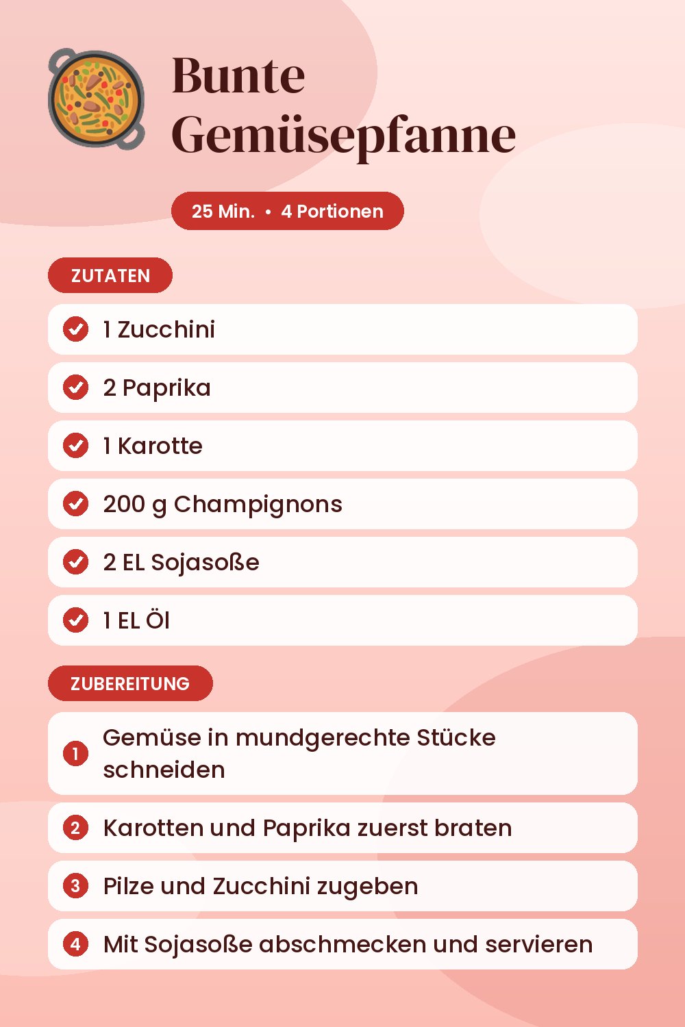 Bunte Gemüsepfanne: Rezeptkarte mit Zutaten und Zubereitung