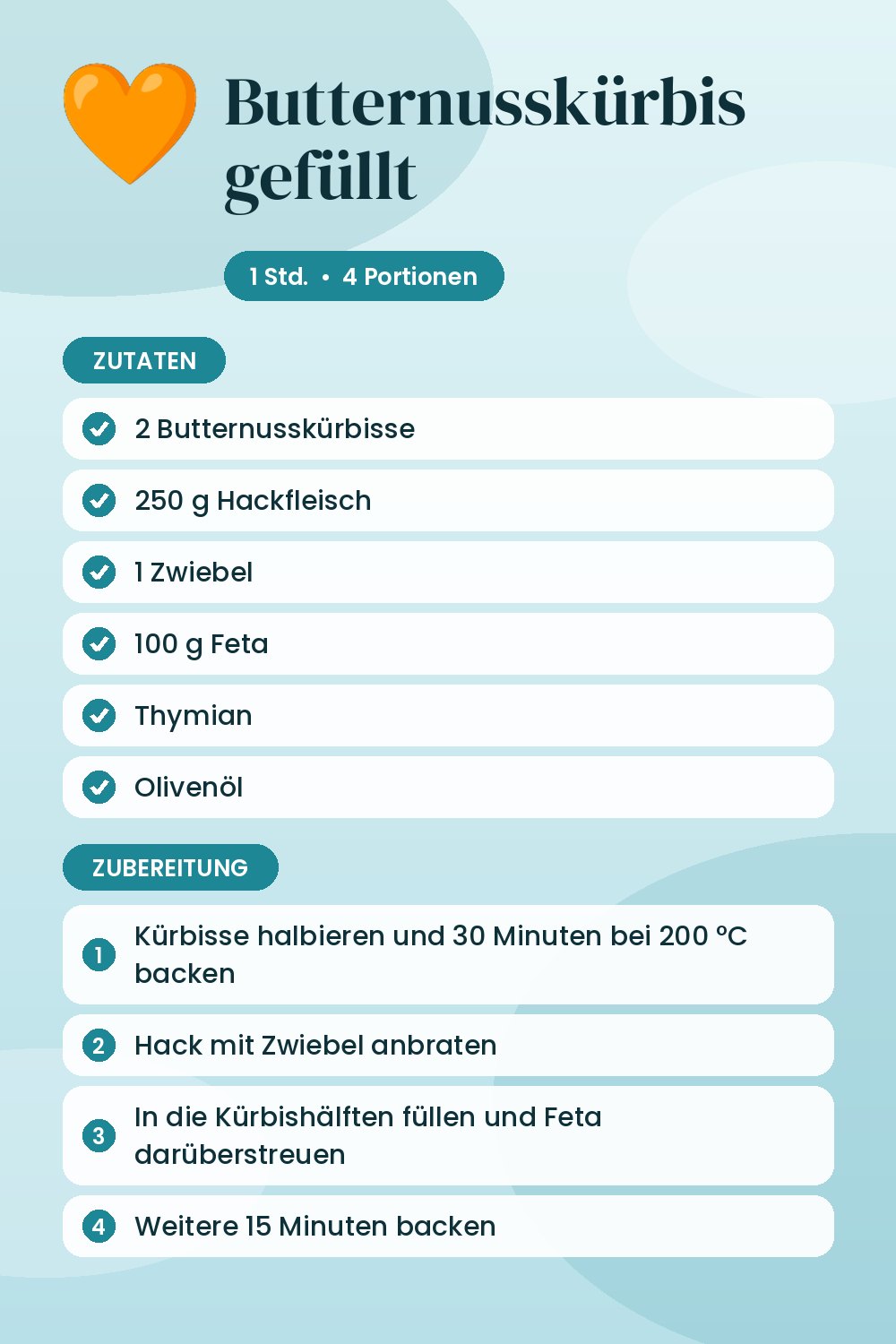 Butternusskürbis gefüllt: Rezeptkarte mit Zutaten und Zubereitung