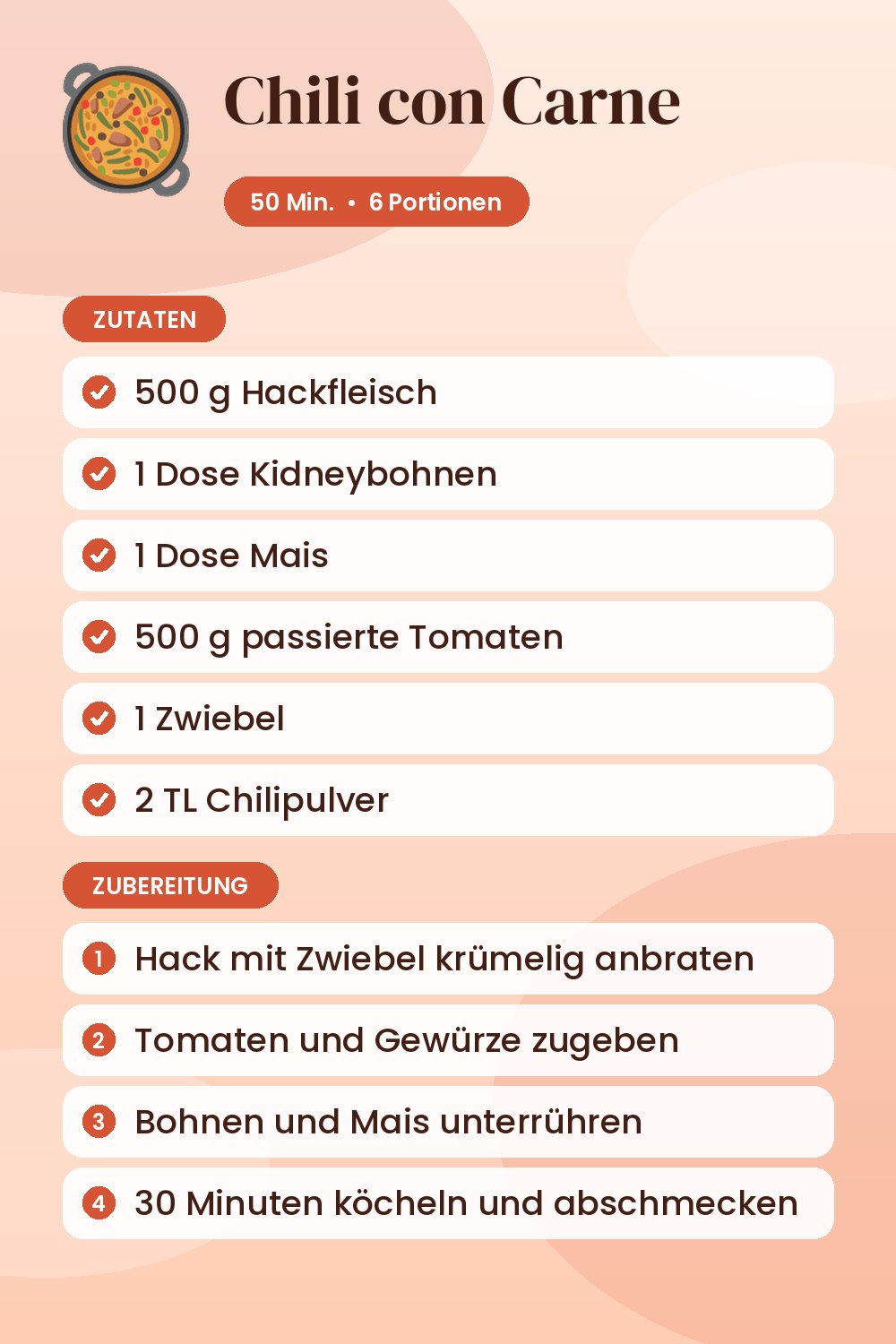 Chili con Carne: Rezeptkarte mit Zutaten und Zubereitung