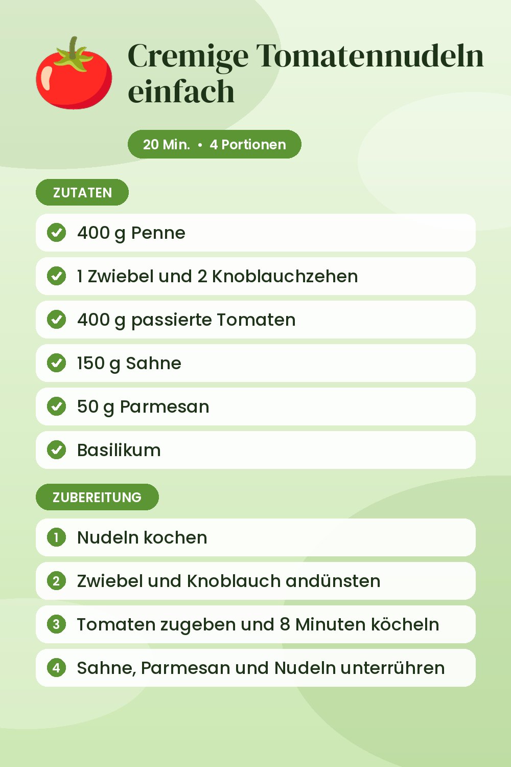 Cremige Tomatennudeln einfach: Rezeptkarte mit Zutaten und Zubereitung