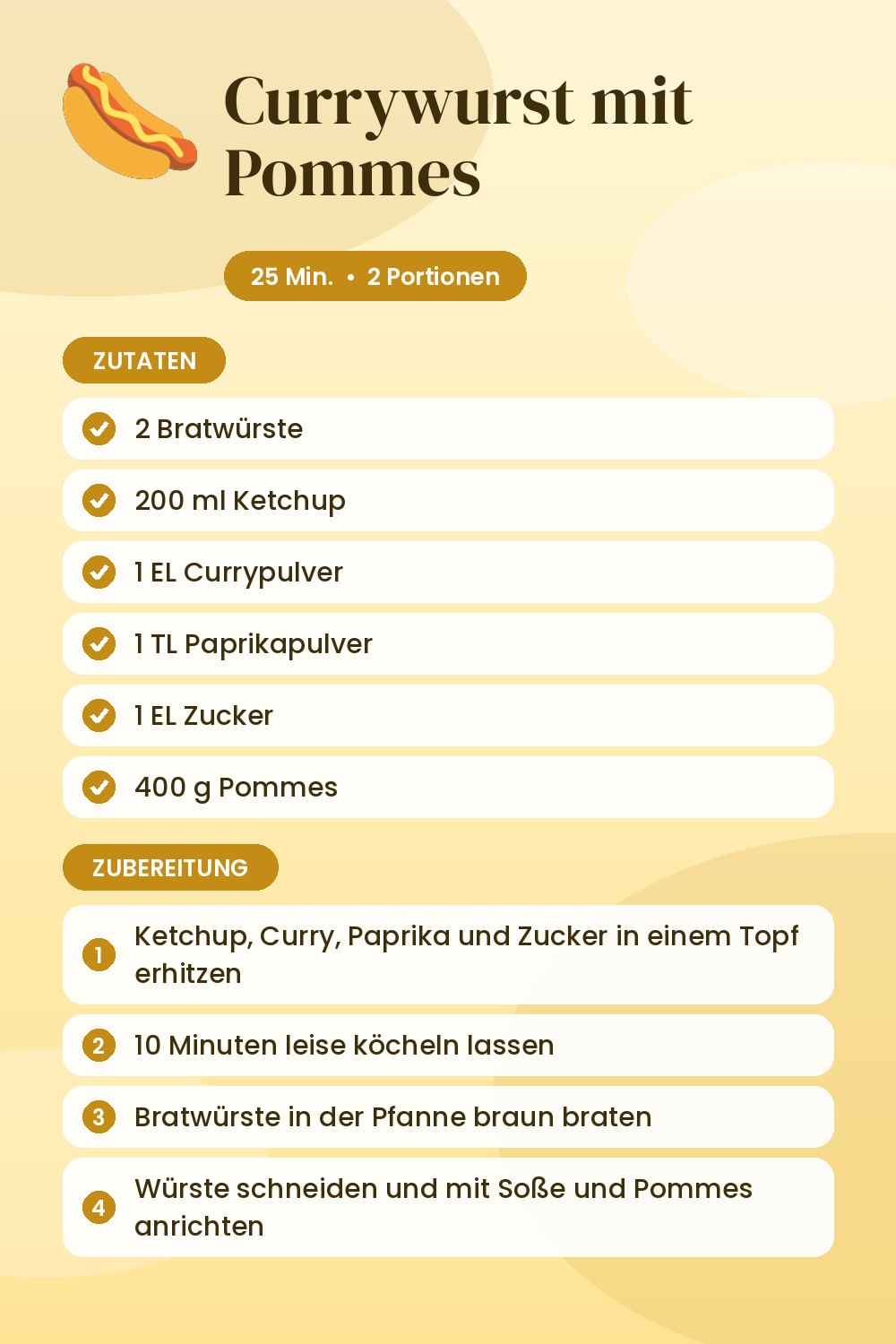 Currywurst mit Pommes: Rezeptkarte mit Zutaten und Zubereitung