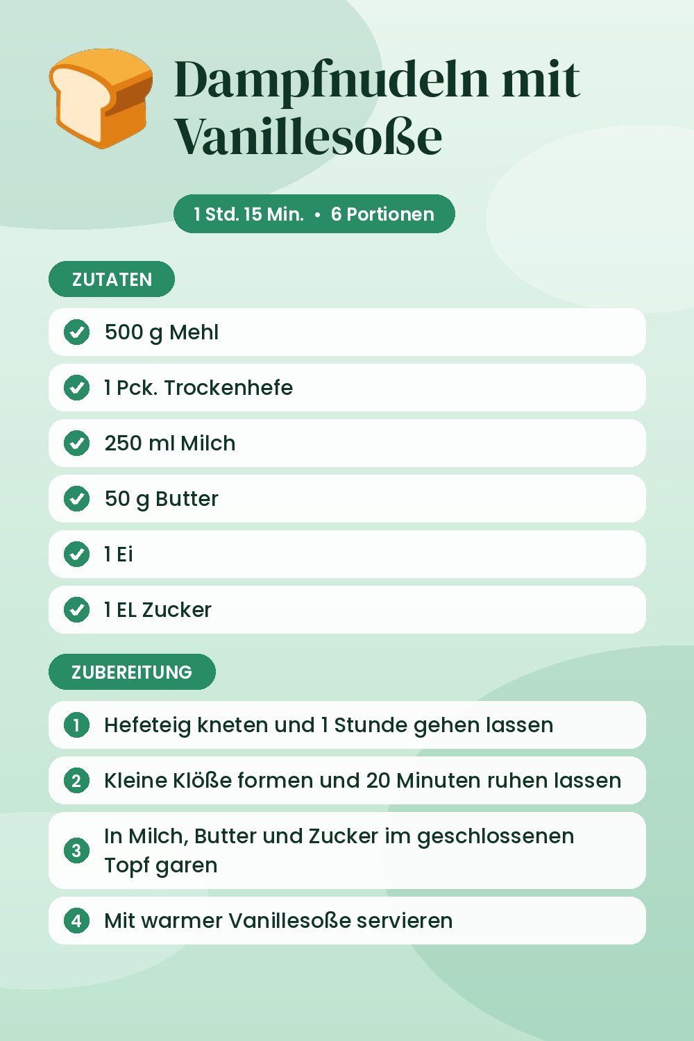 Dampfnudeln mit Vanillesoße: Rezeptkarte mit Zutaten und Zubereitung