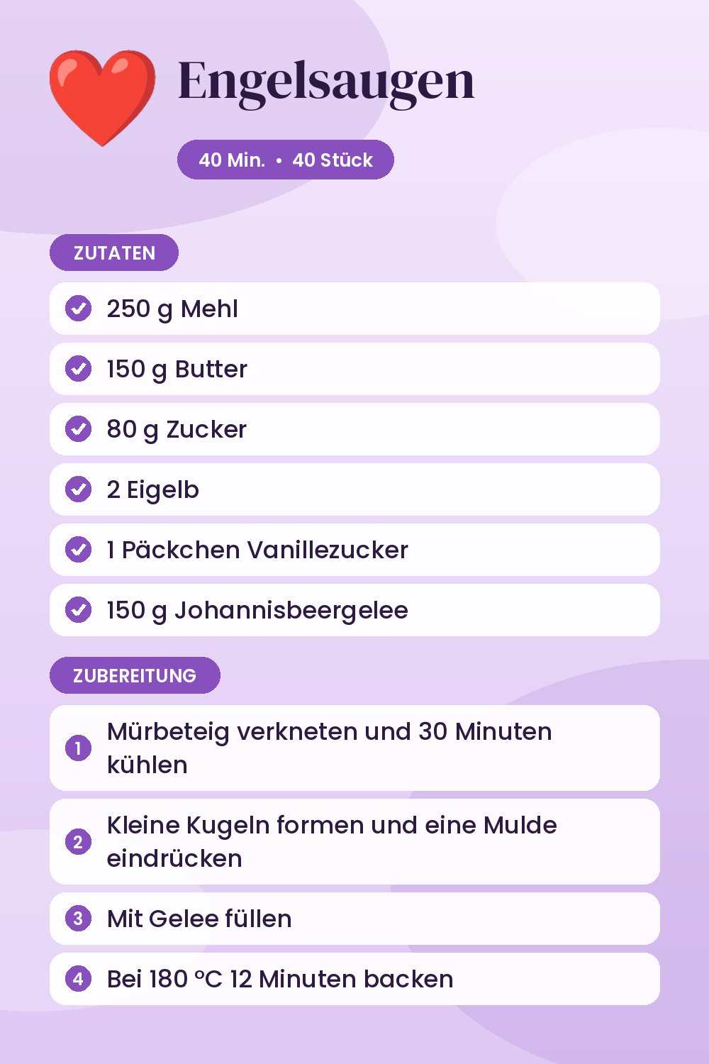 Engelsaugen: Rezeptkarte mit Zutaten und Zubereitung