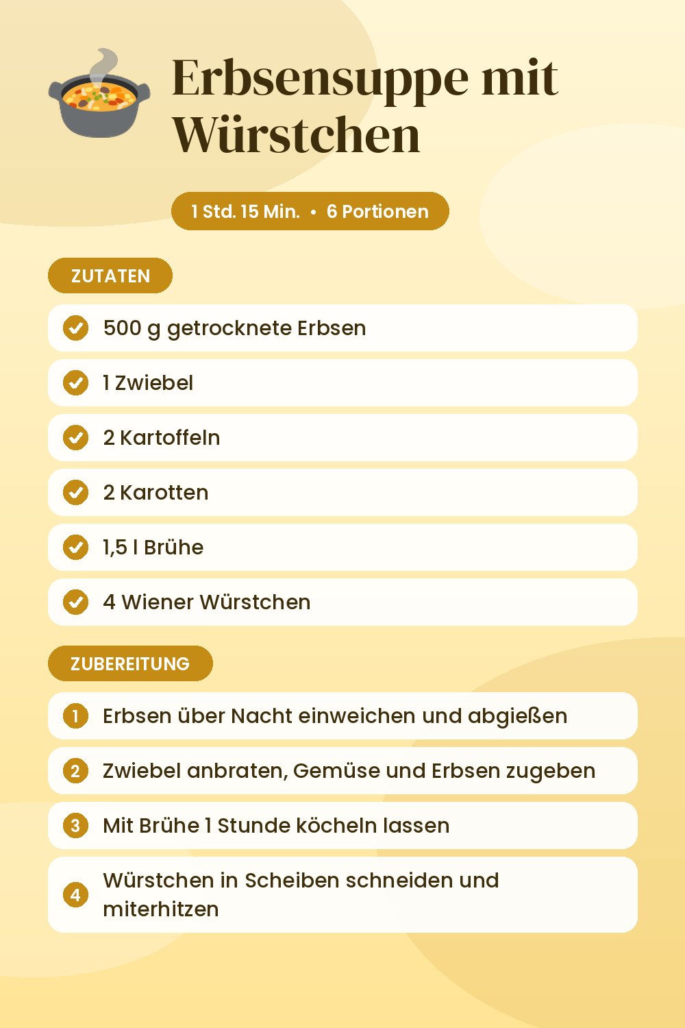 Erbsensuppe mit Würstchen: Rezeptkarte mit Zutaten und Zubereitung