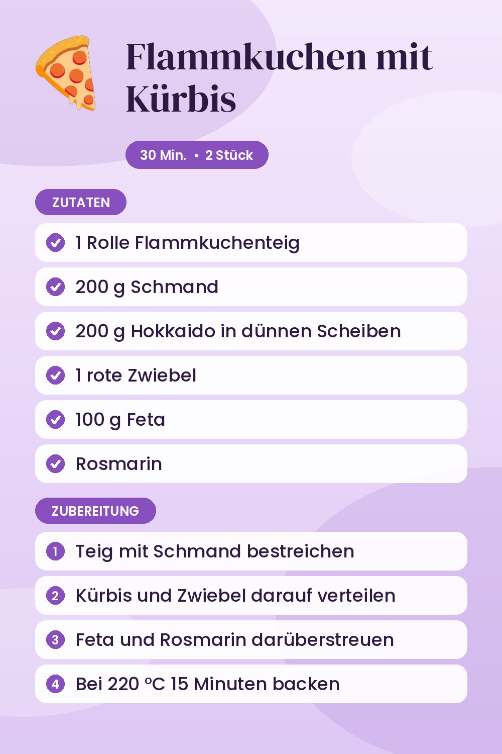 Flammkuchen mit Kürbis: Rezeptkarte mit Zutaten und Zubereitung