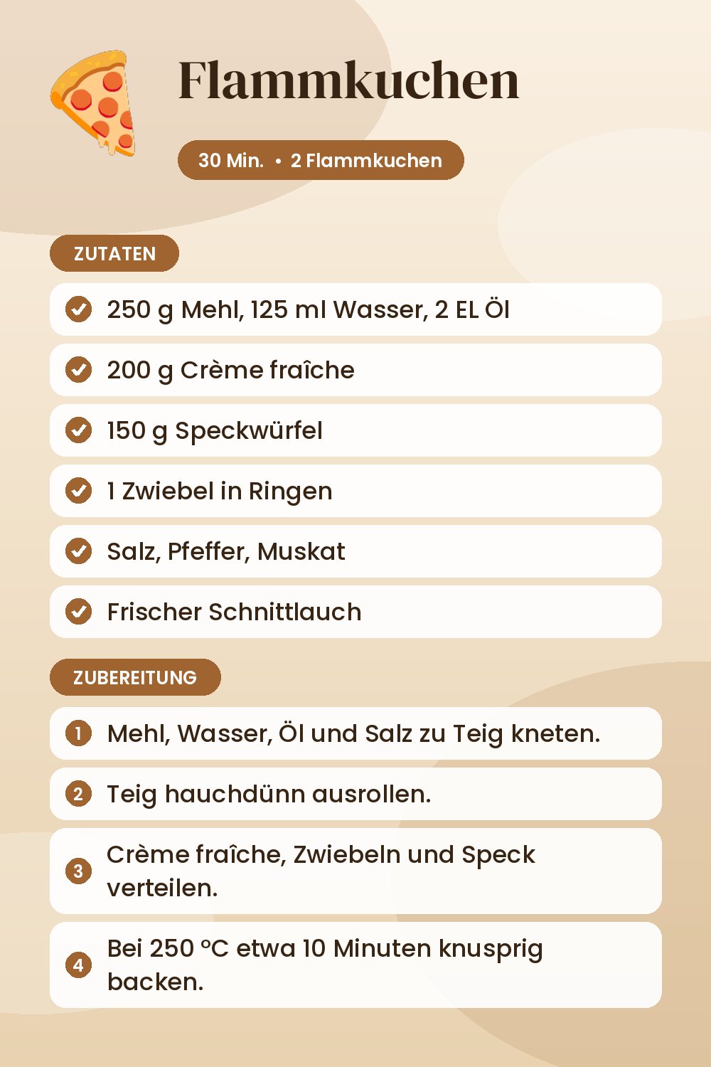 Flammkuchen: Rezeptkarte mit Zutaten und Zubereitung
