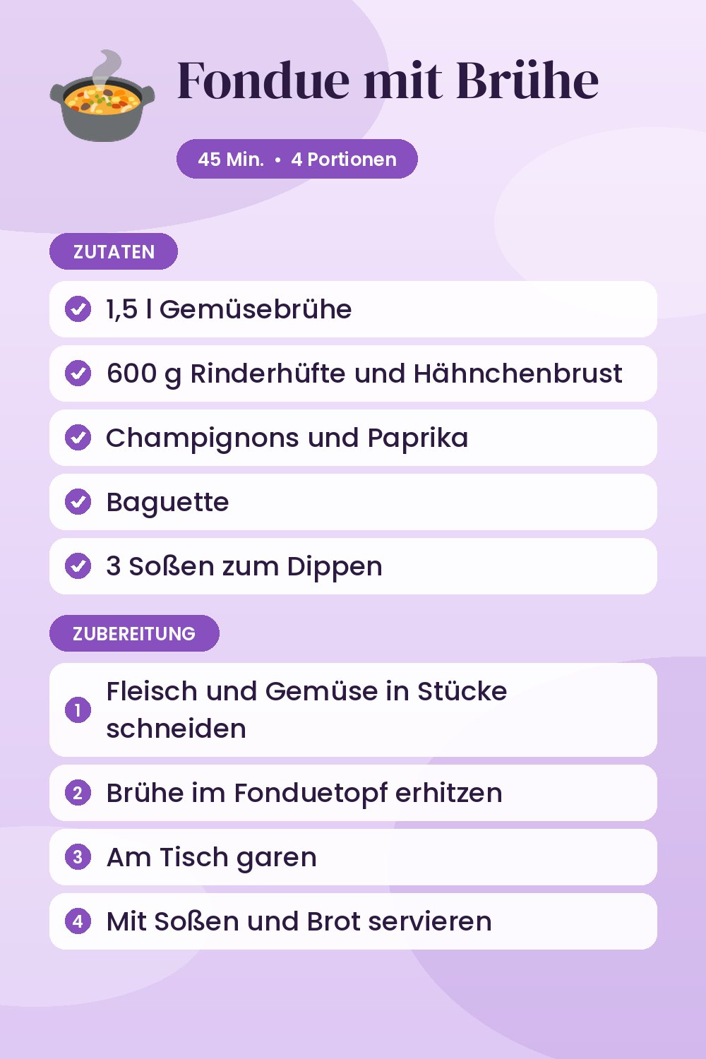 Fondue mit Brühe: Rezeptkarte mit Zutaten und Zubereitung