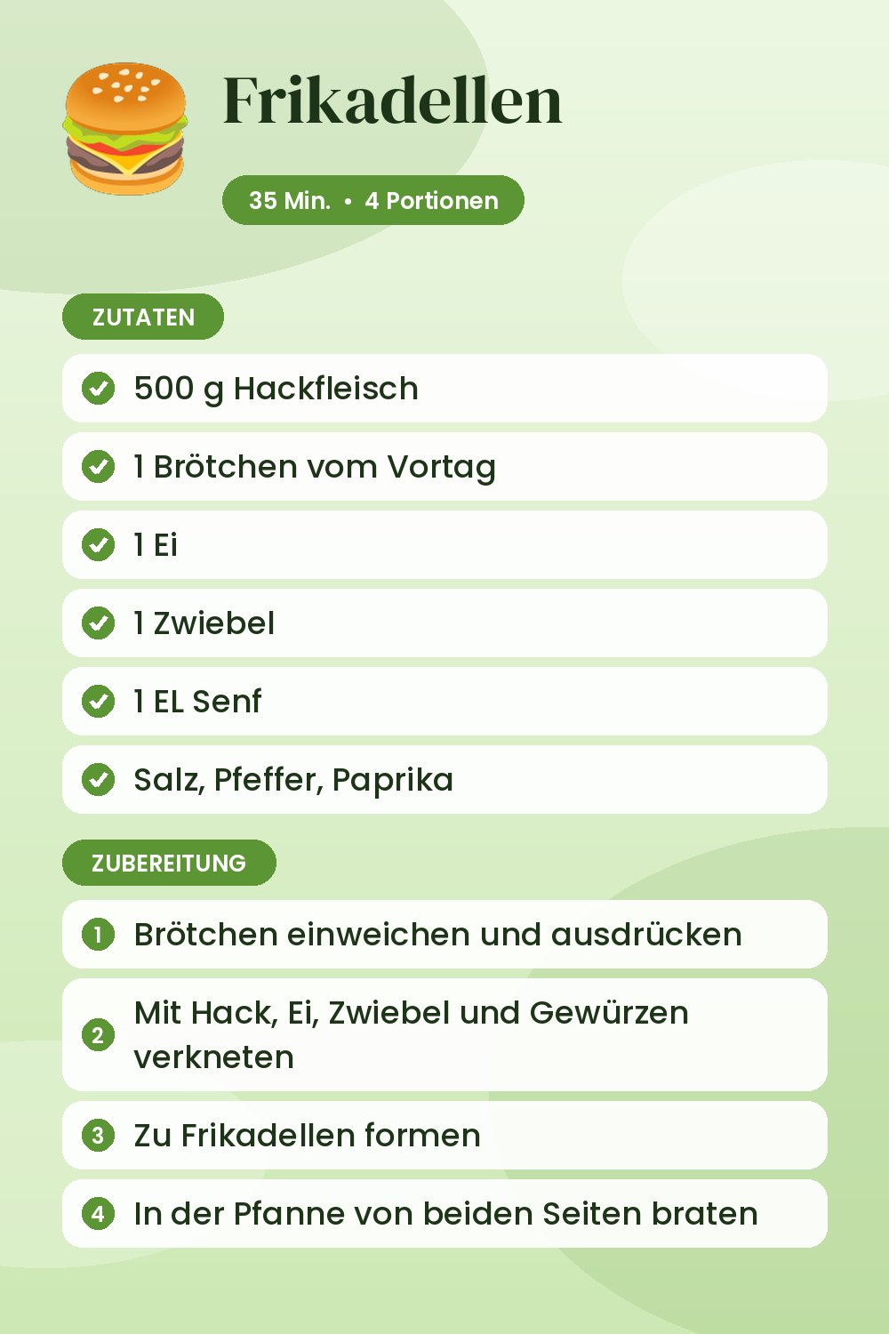 Frikadellen: Rezeptkarte mit Zutaten und Zubereitung