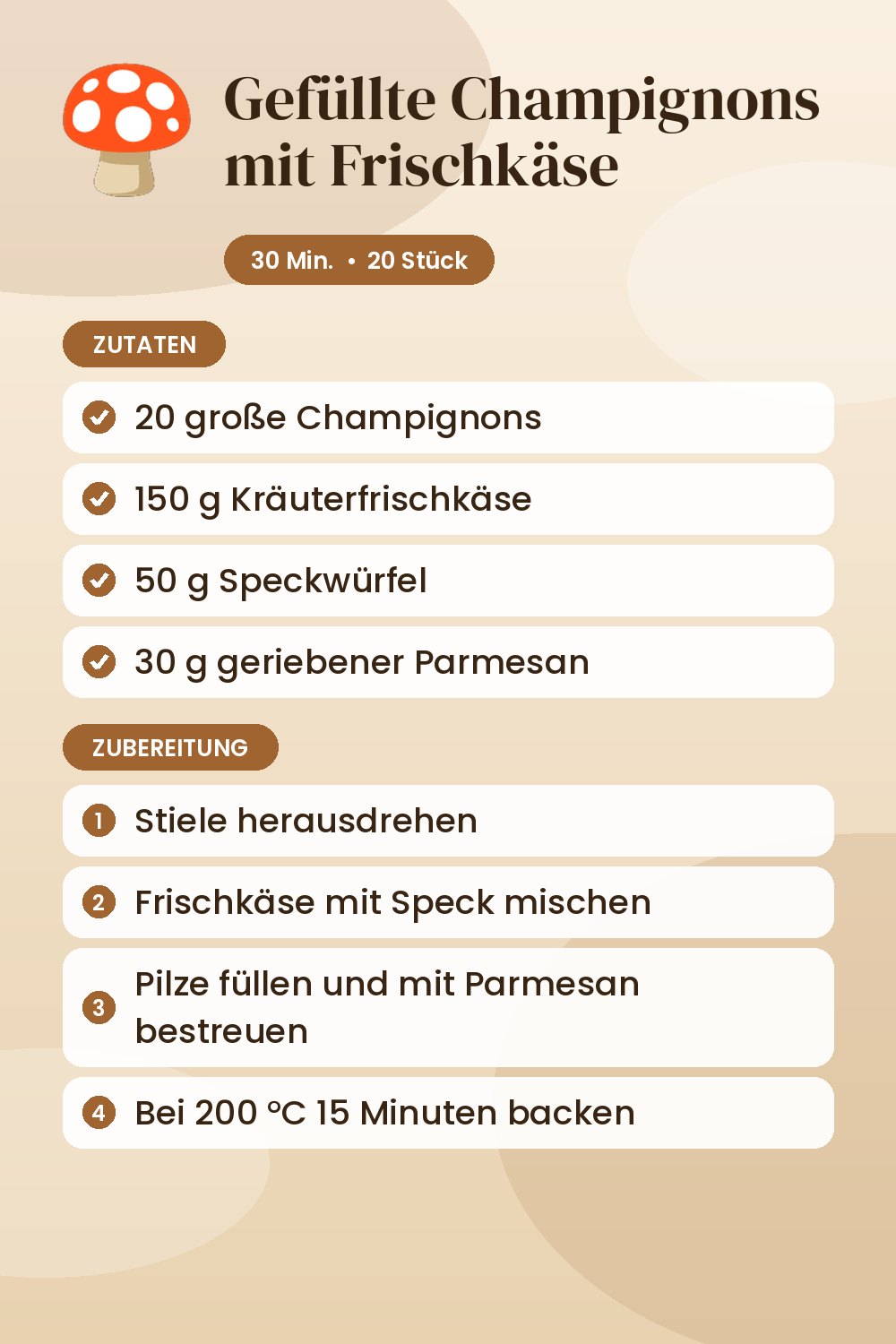 Gefüllte Champignons mit Frischkäse: Rezeptkarte mit Zutaten und Zubereitung