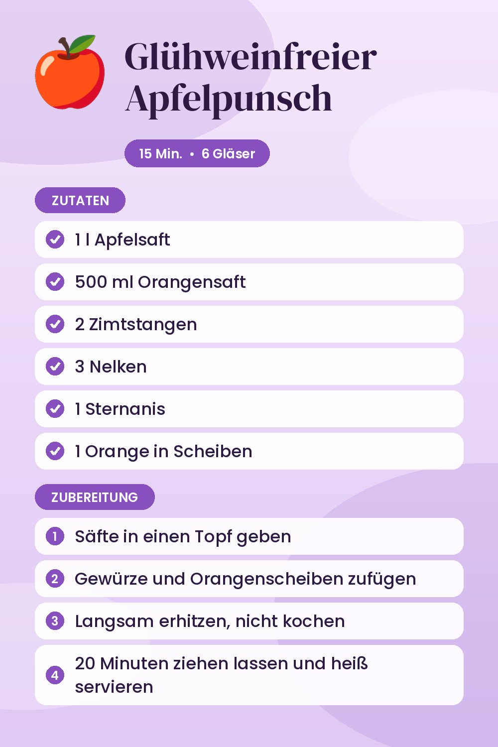 Glühweinfreier Apfelpunsch: Rezeptkarte mit Zutaten und Zubereitung