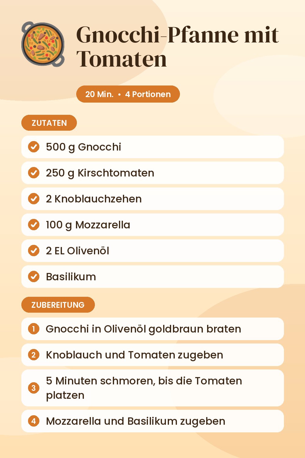 Gnocchi-Pfanne mit Tomaten: Rezeptkarte mit Zutaten und Zubereitung
