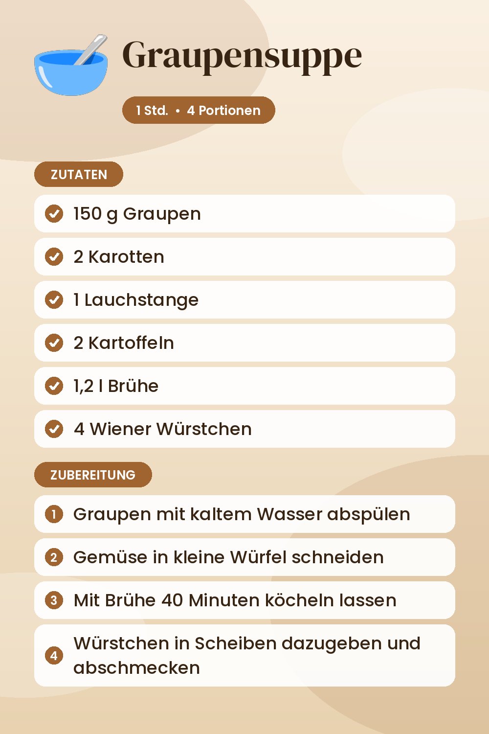Graupensuppe: Rezeptkarte mit Zutaten und Zubereitung