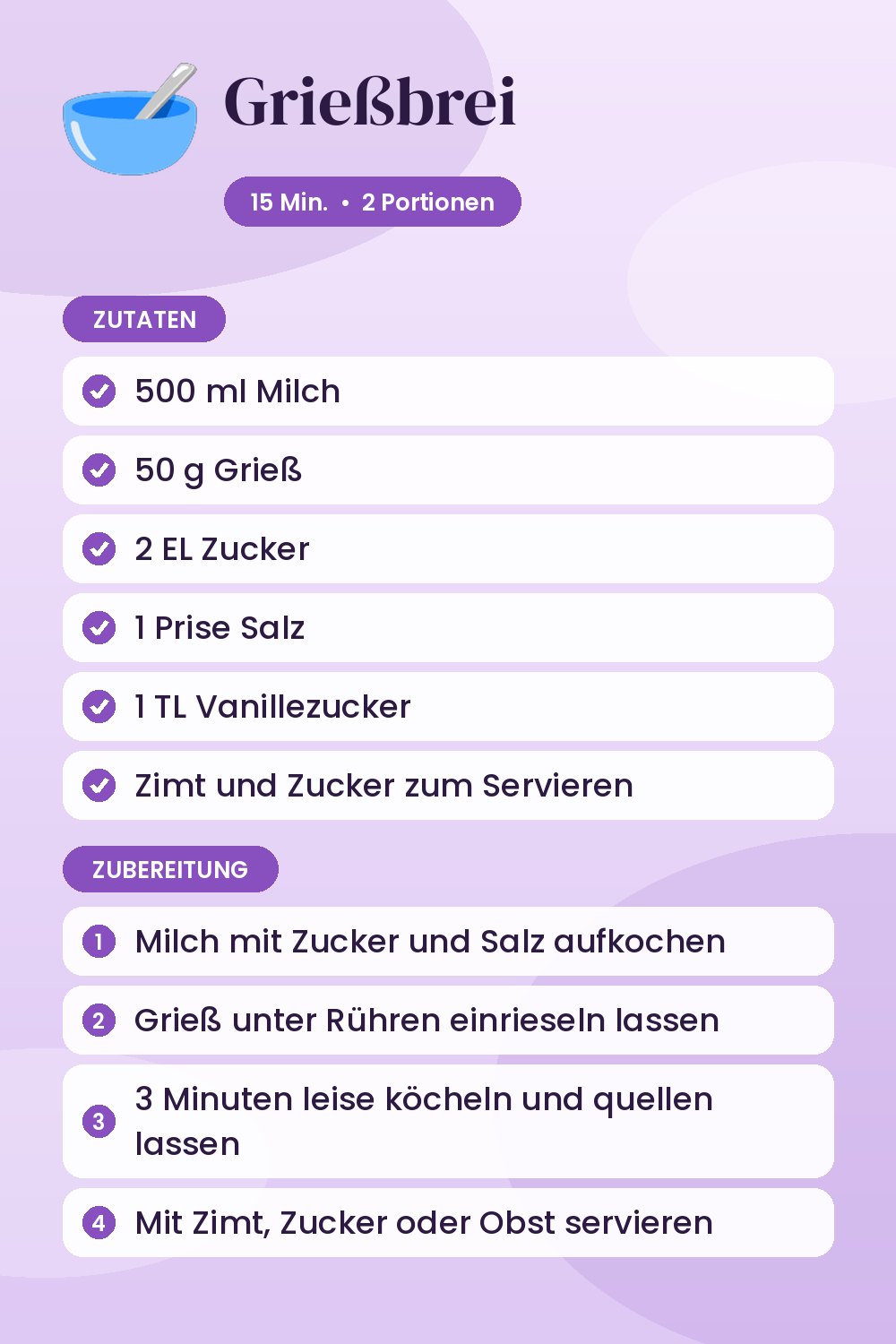 Grießbrei: Rezeptkarte mit Zutaten und Zubereitung