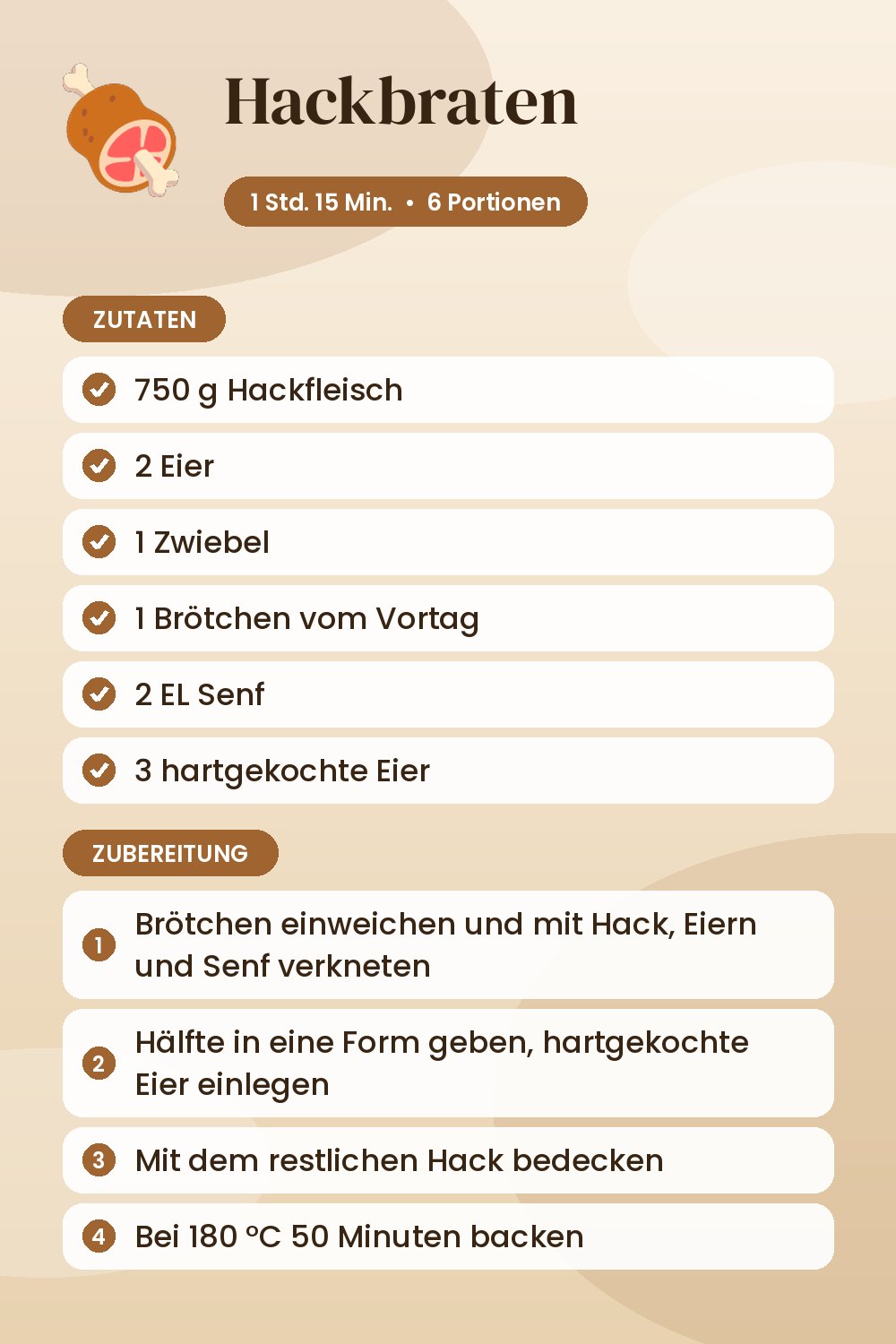 Hackbraten: Rezeptkarte mit Zutaten und Zubereitung