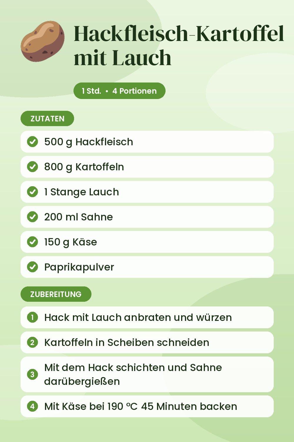 Hackfleisch-Kartoffel-Gratin mit Lauch: Rezeptkarte mit Zutaten und Zubereitung