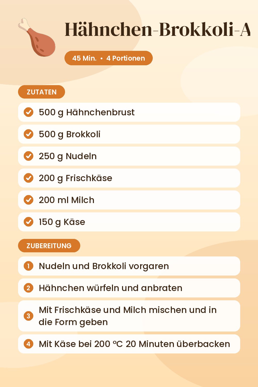 Hähnchen-Brokkoli-Auflauf: Rezeptkarte mit Zutaten und Zubereitung