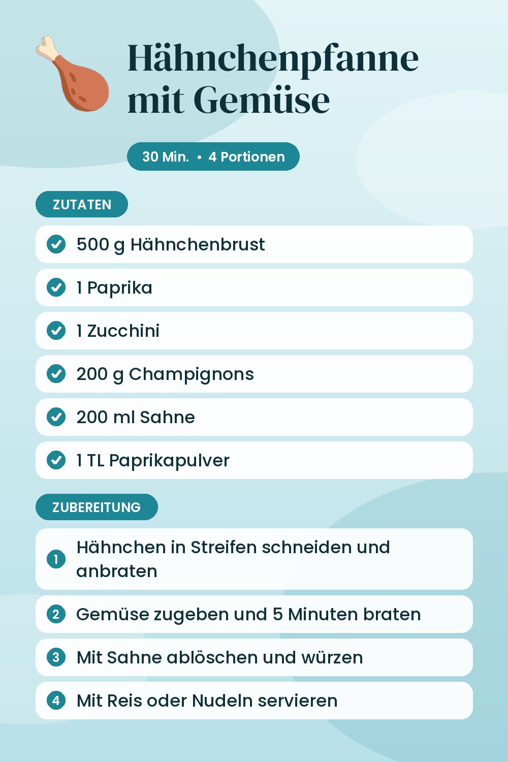 Hähnchenpfanne mit Gemüse: Rezeptkarte mit Zutaten und Zubereitung