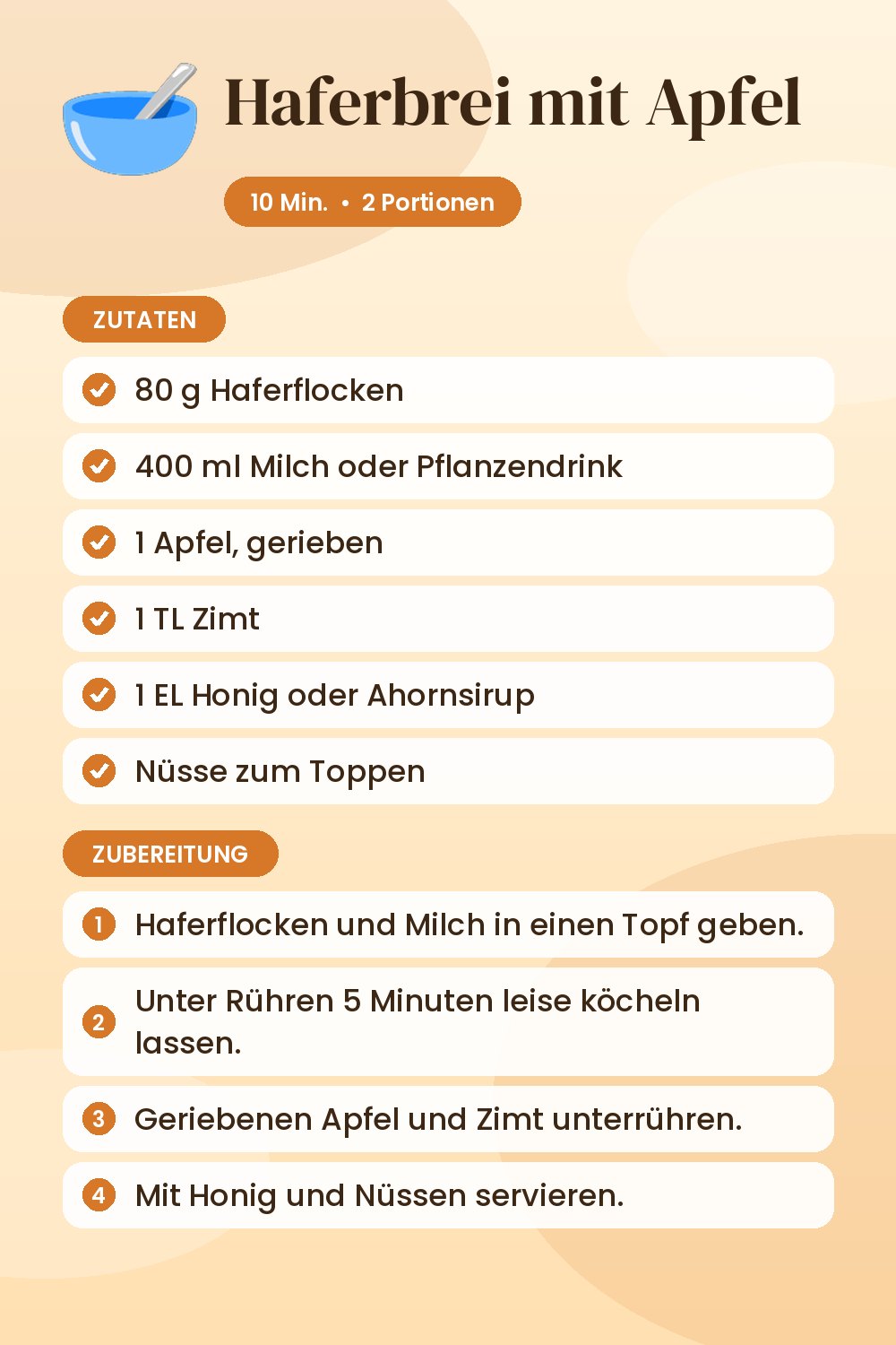 Haferbrei mit Apfel: Rezeptkarte mit Zutaten und Zubereitung