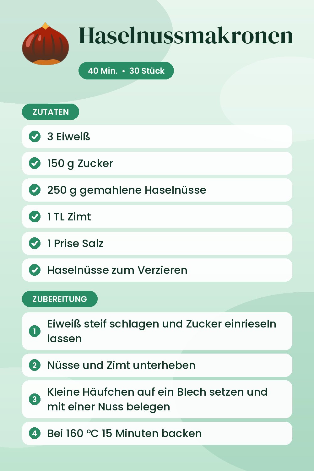 Haselnussmakronen: Rezeptkarte mit Zutaten und Zubereitung