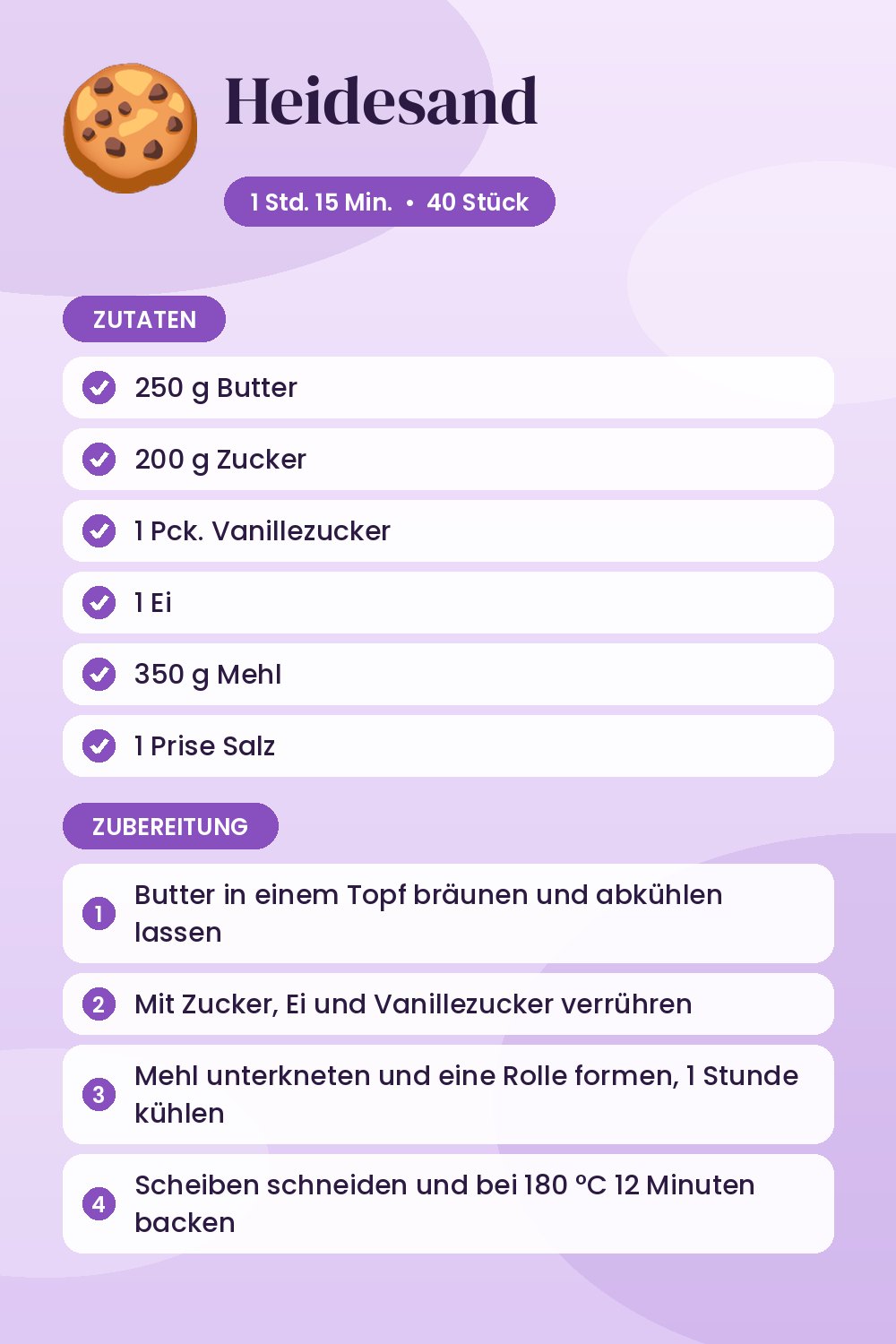Heidesand: Rezeptkarte mit Zutaten und Zubereitung