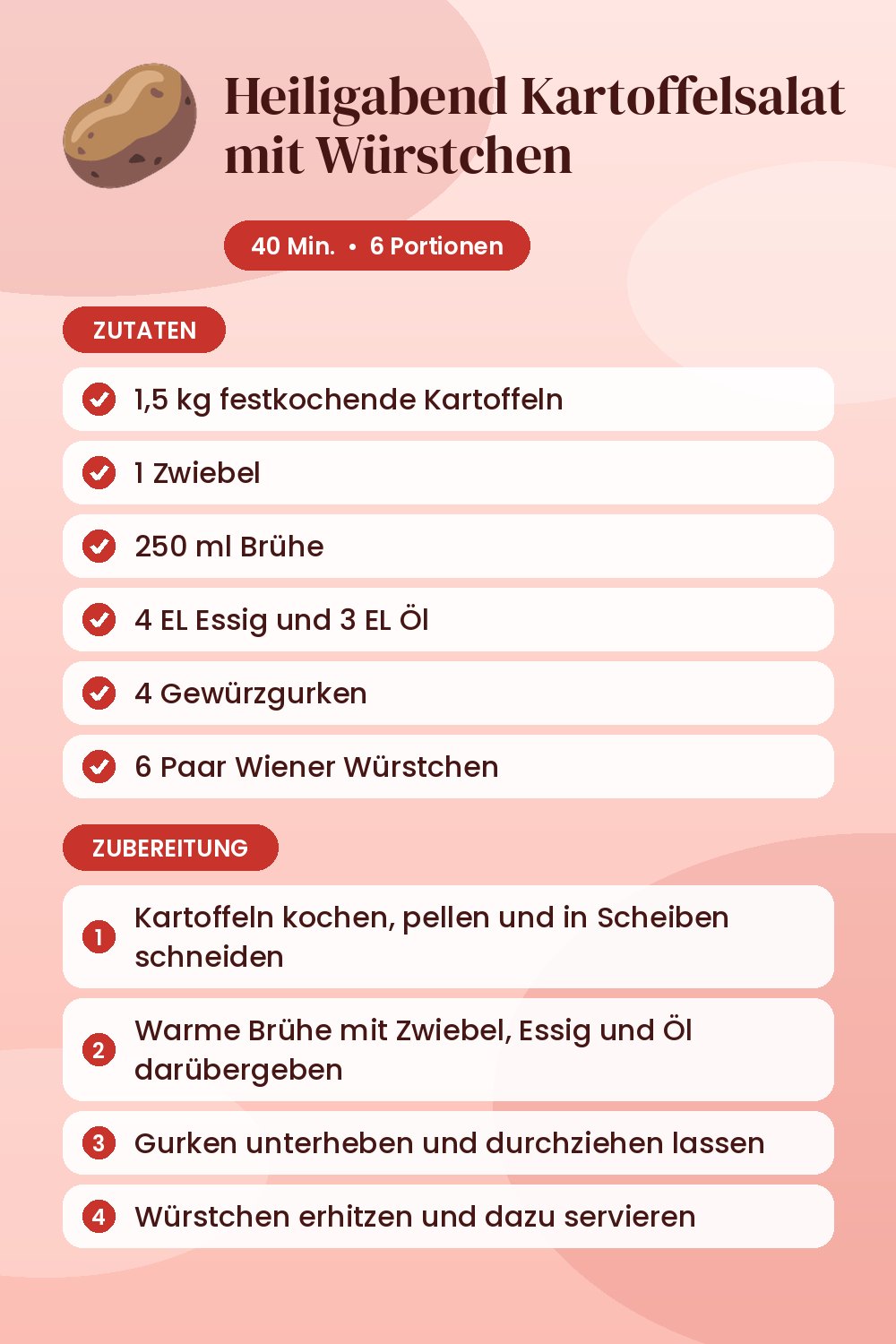 Heiligabend Kartoffelsalat mit Würstchen: Rezeptkarte mit Zutaten und Zubereitung