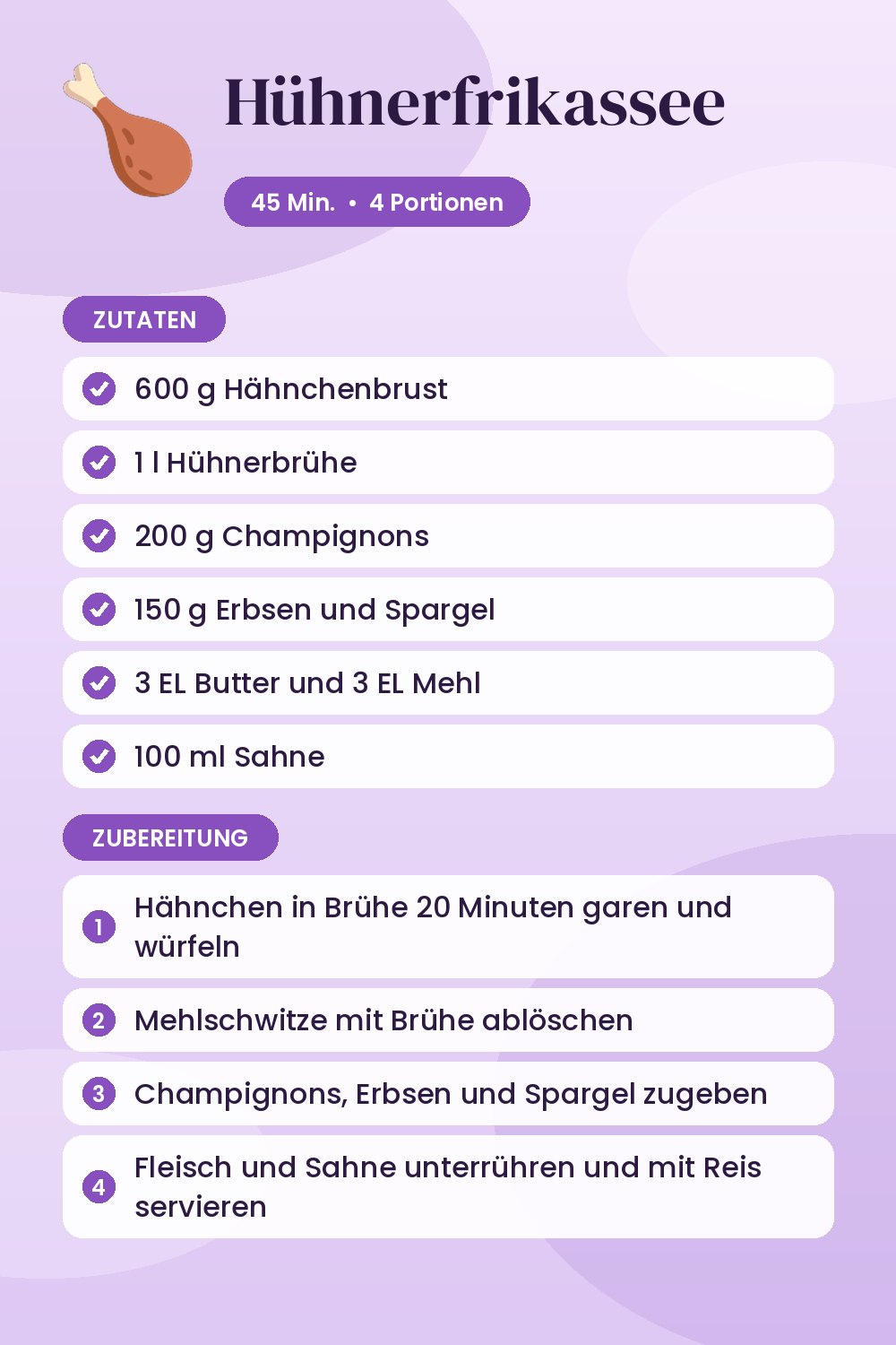 Hühnerfrikassee: Rezeptkarte mit Zutaten und Zubereitung