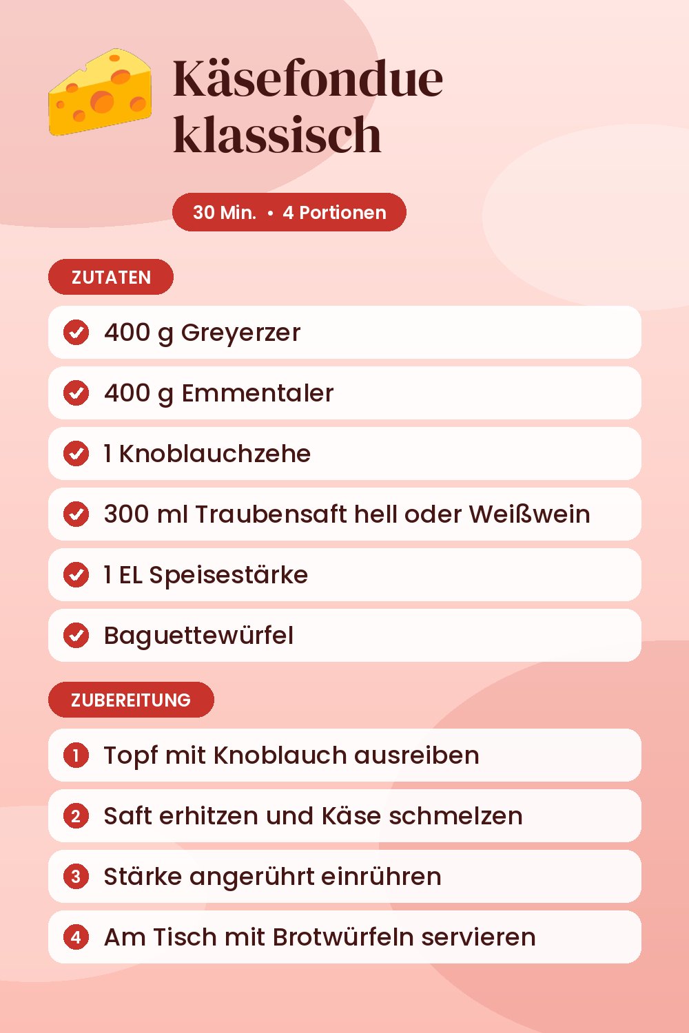 Käsefondue klassisch: Rezeptkarte mit Zutaten und Zubereitung