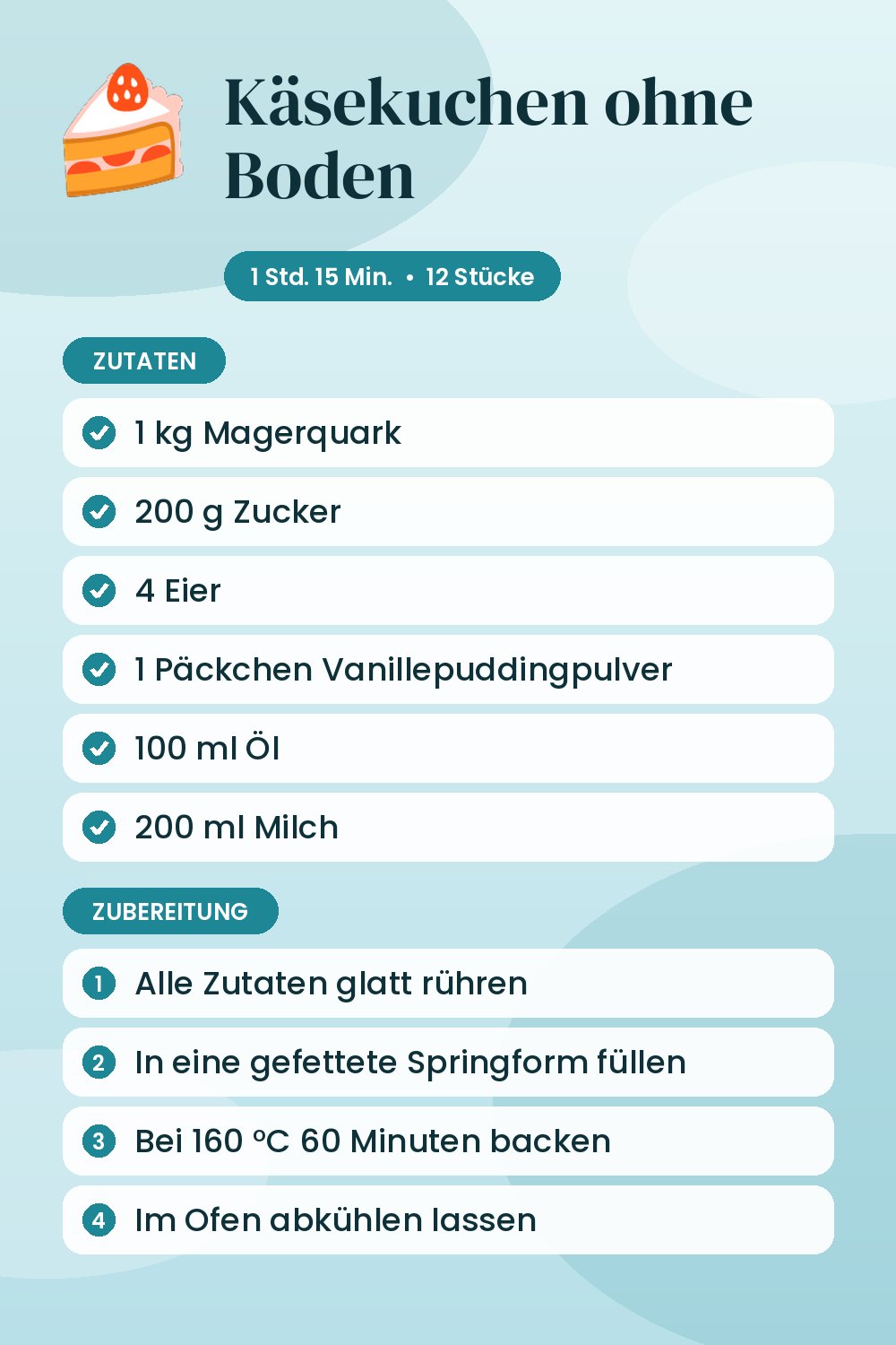 Käsekuchen ohne Boden: Rezeptkarte mit Zutaten und Zubereitung