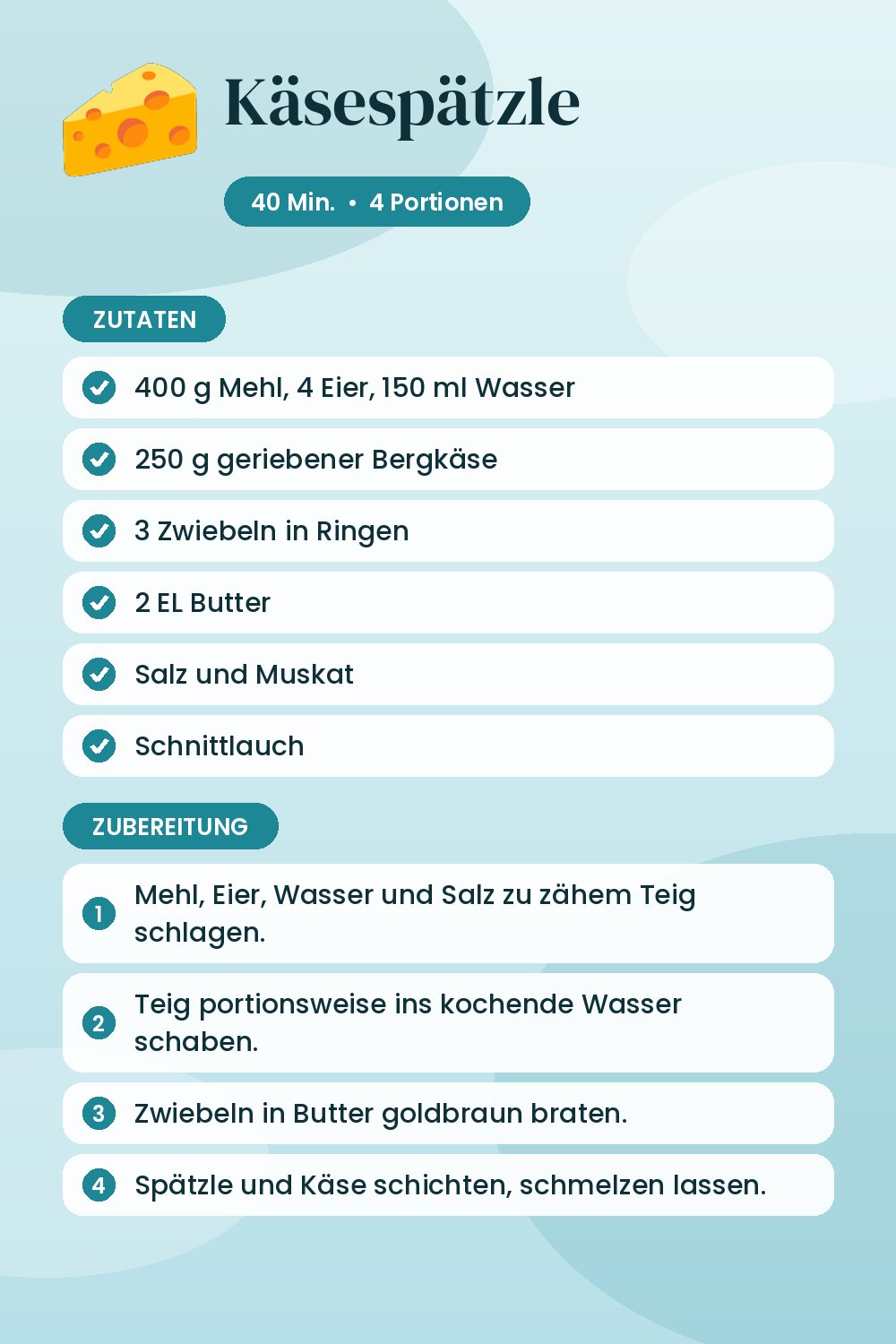 Käsespätzle: Rezeptkarte mit Zutaten und Zubereitung