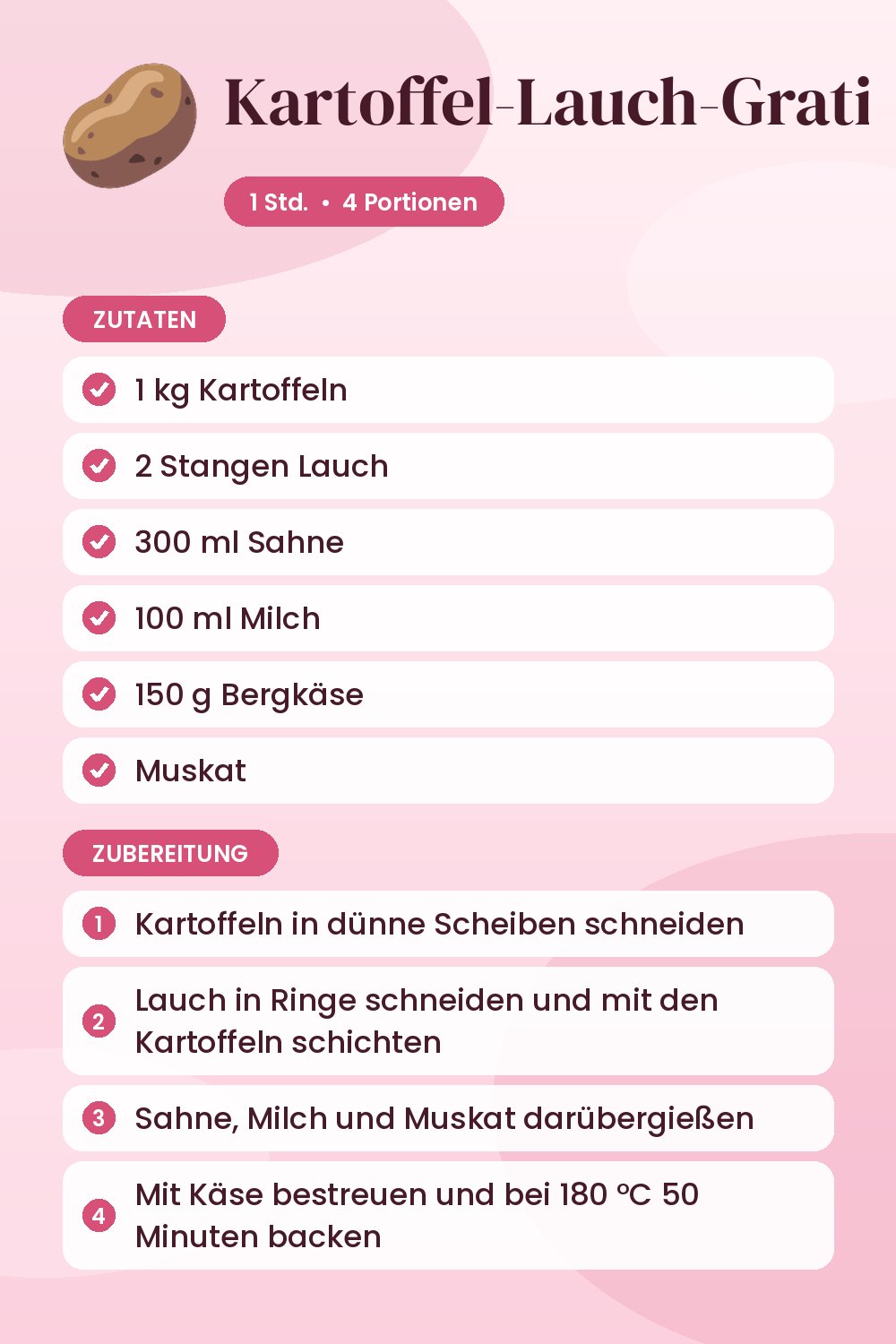 Kartoffel-Lauch-Gratin: Rezeptkarte mit Zutaten und Zubereitung