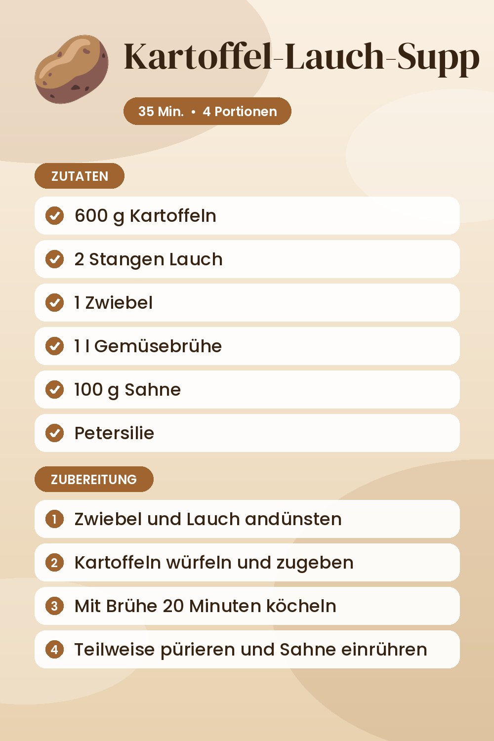 Kartoffel-Lauch-Suppe: Rezeptkarte mit Zutaten und Zubereitung
