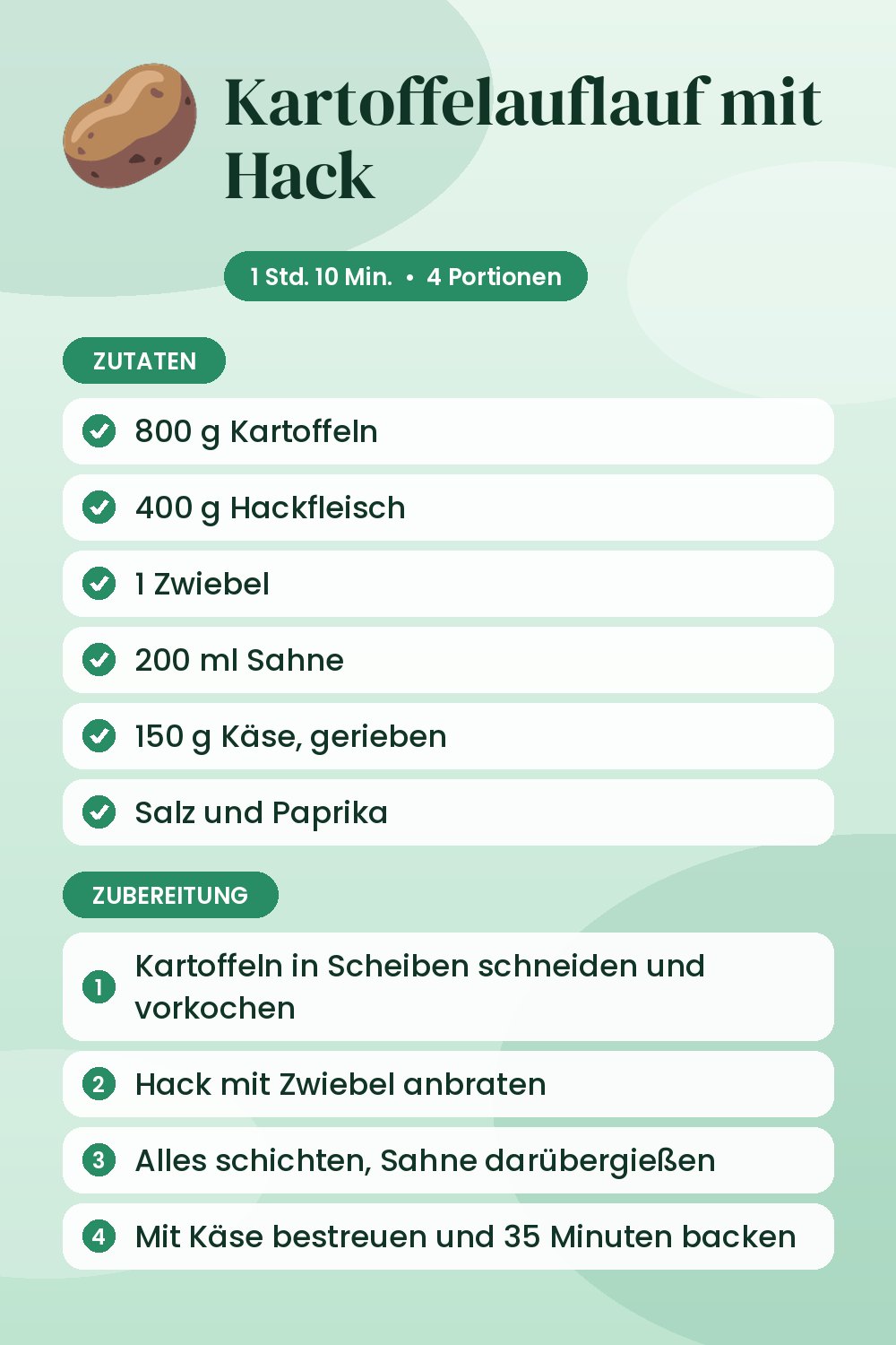 Kartoffelauflauf mit Hack: Rezeptkarte mit Zutaten und Zubereitung