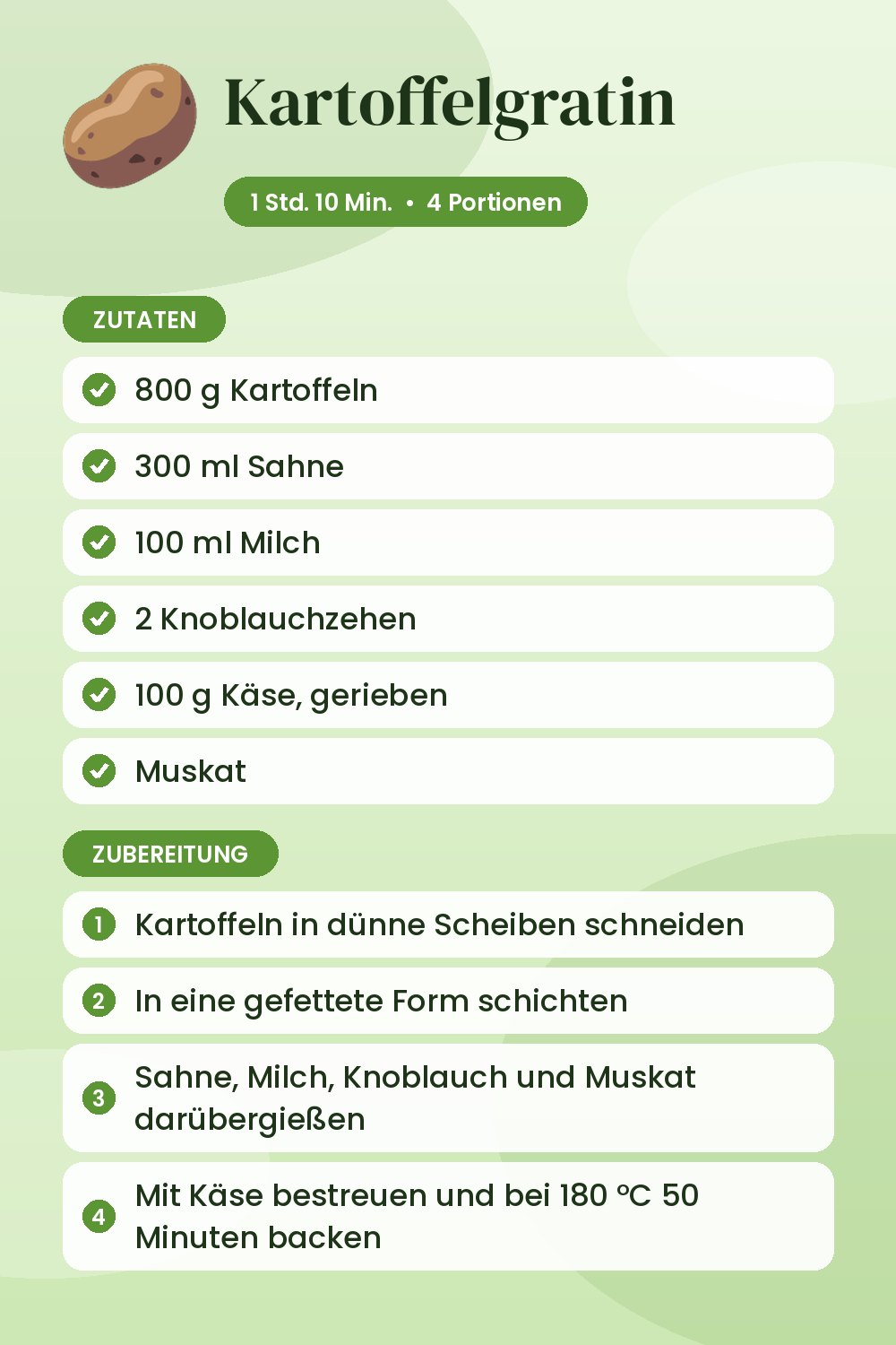 Kartoffelgratin: Rezeptkarte mit Zutaten und Zubereitung