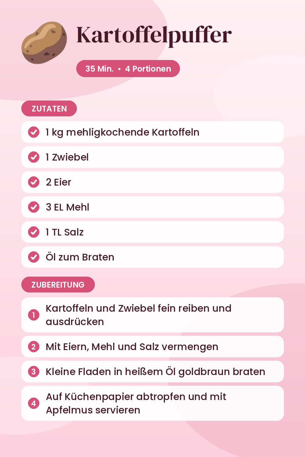 Kartoffelpuffer: Rezeptkarte mit Zutaten und Zubereitung