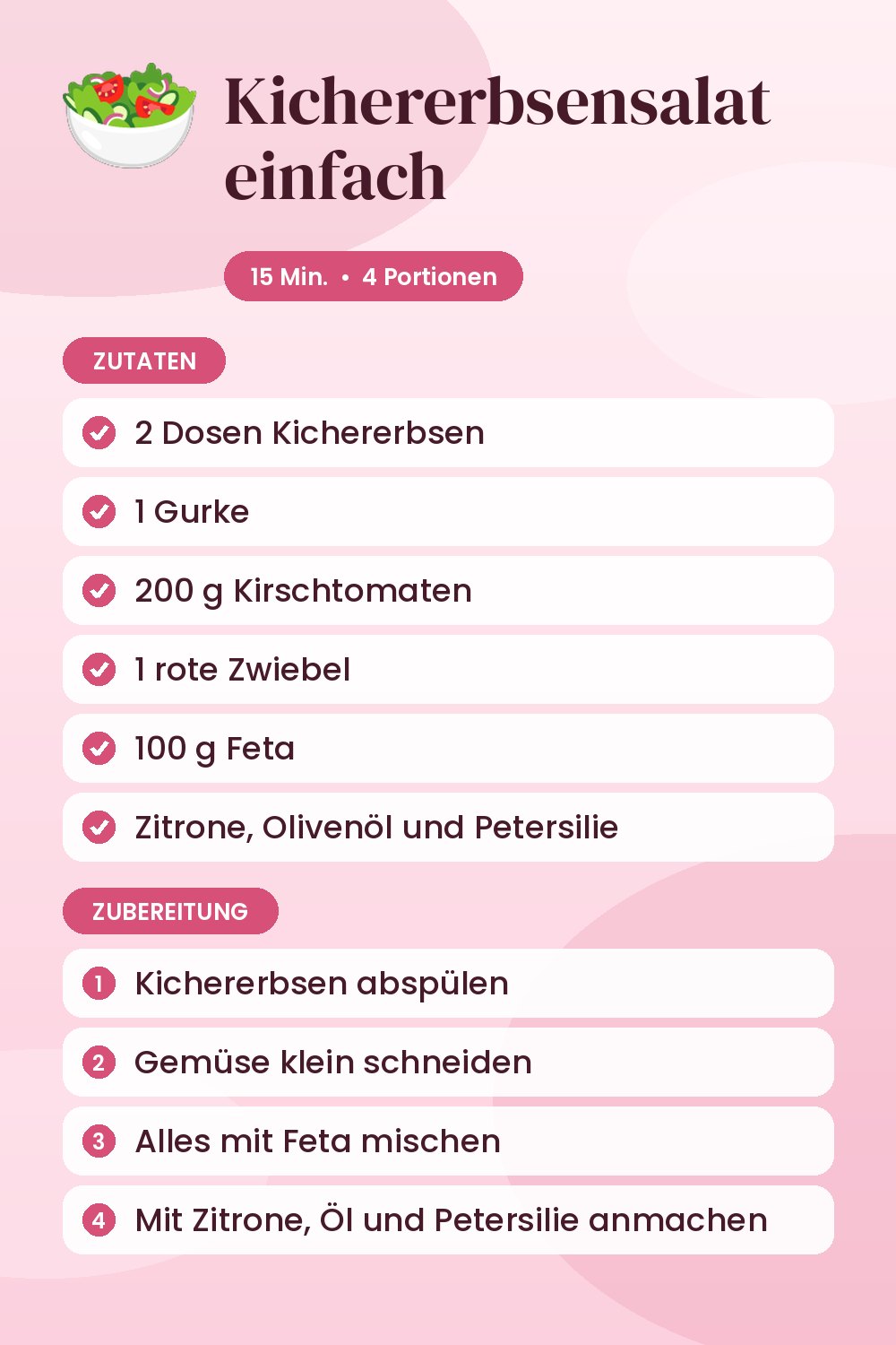 Kichererbsensalat einfach: Rezeptkarte mit Zutaten und Zubereitung