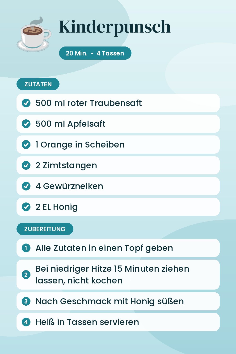 Kinderpunsch: Rezeptkarte mit Zutaten und Zubereitung