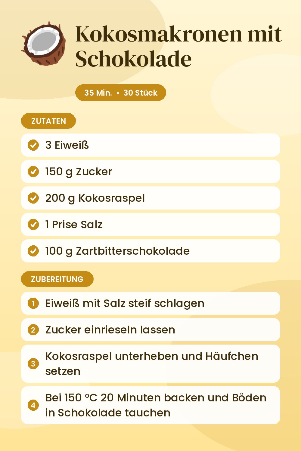Kokosmakronen mit Schokolade: Rezeptkarte mit Zutaten und Zubereitung