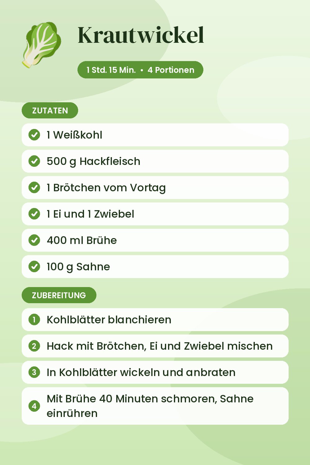 Krautwickel: Rezeptkarte mit Zutaten und Zubereitung